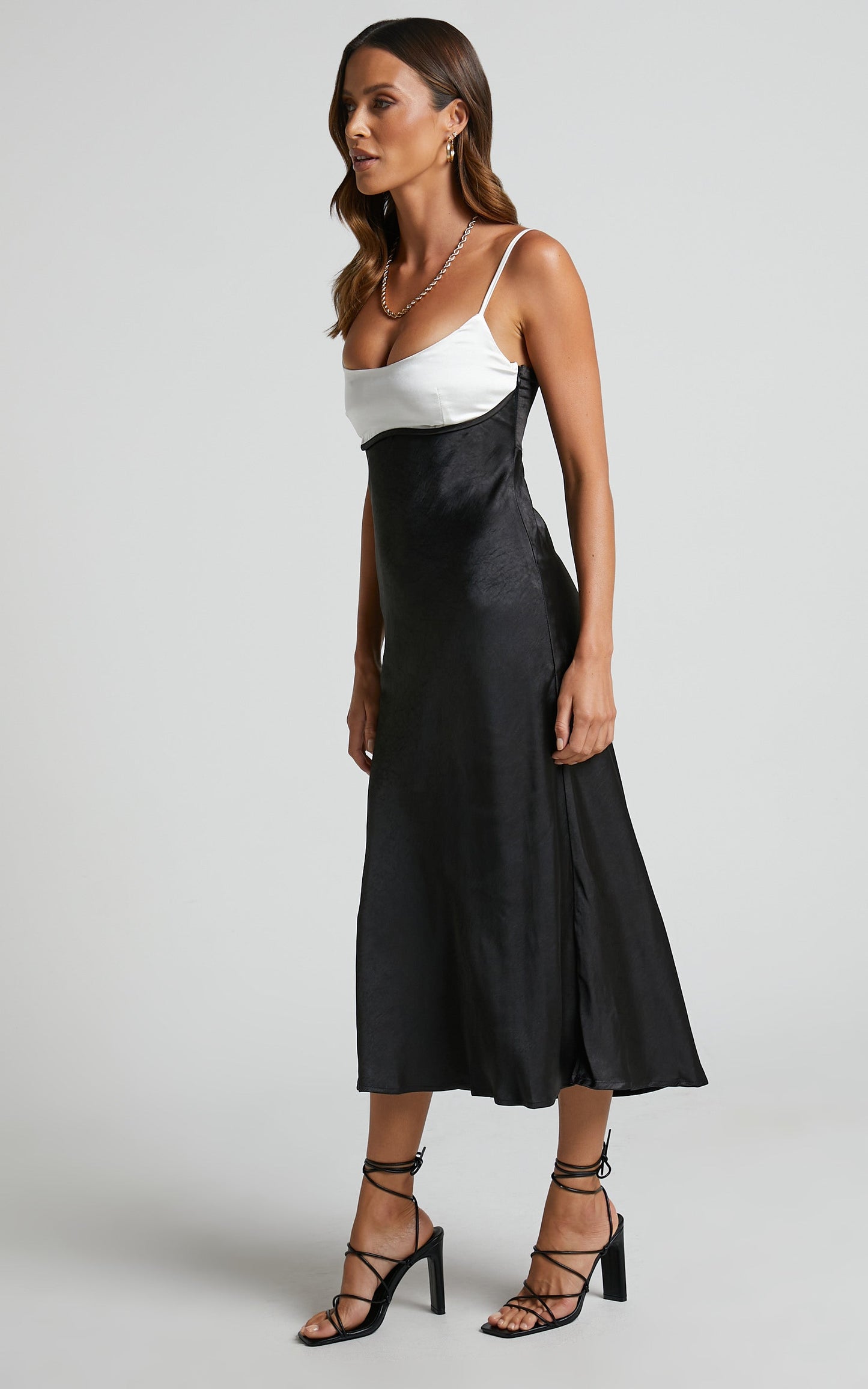 Shantelle Midi Dress - Satin Slip Contrast Bust Dress in Black