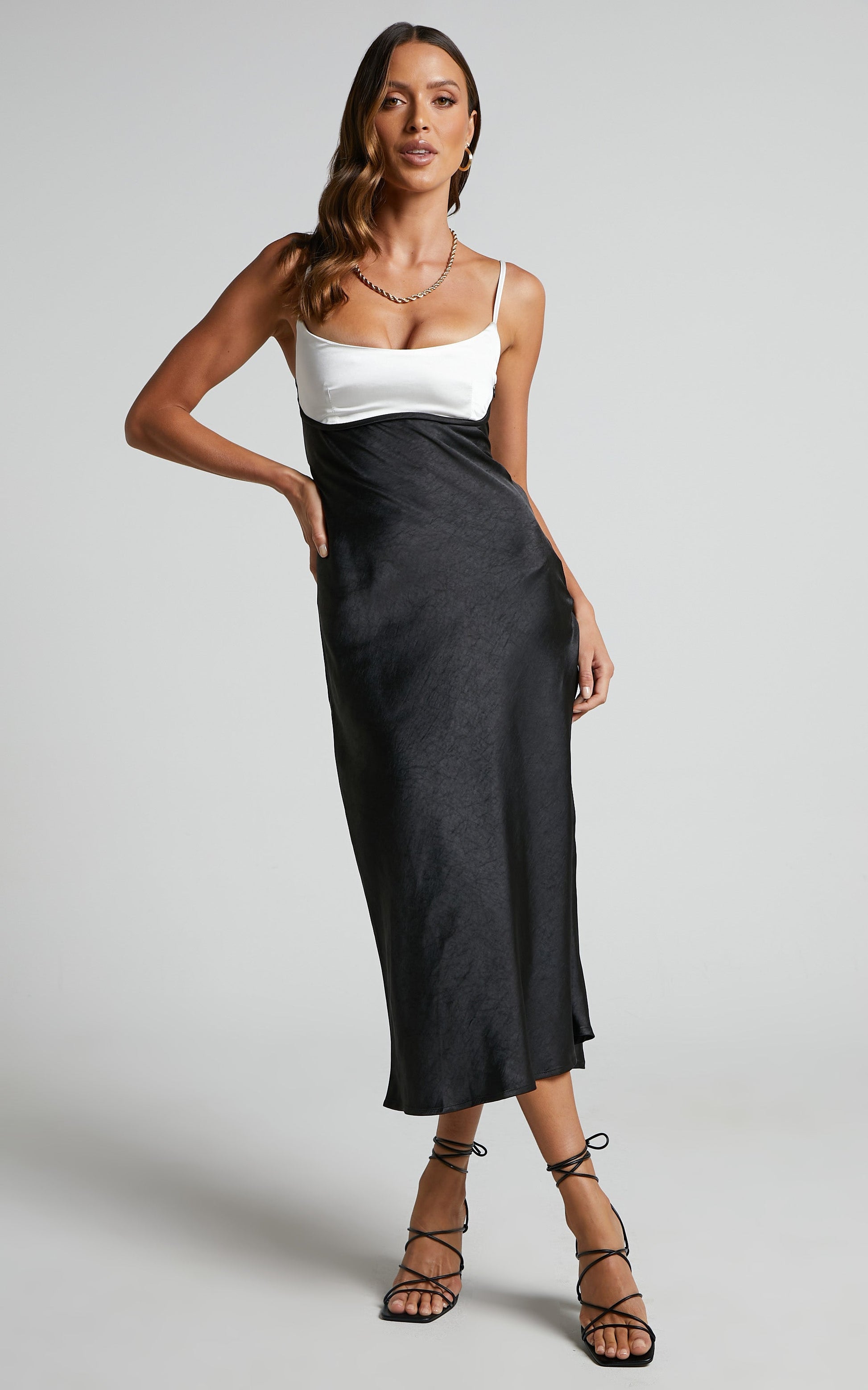 Shantelle Midi Dress - Satin Slip Contrast Bust Dress in Black