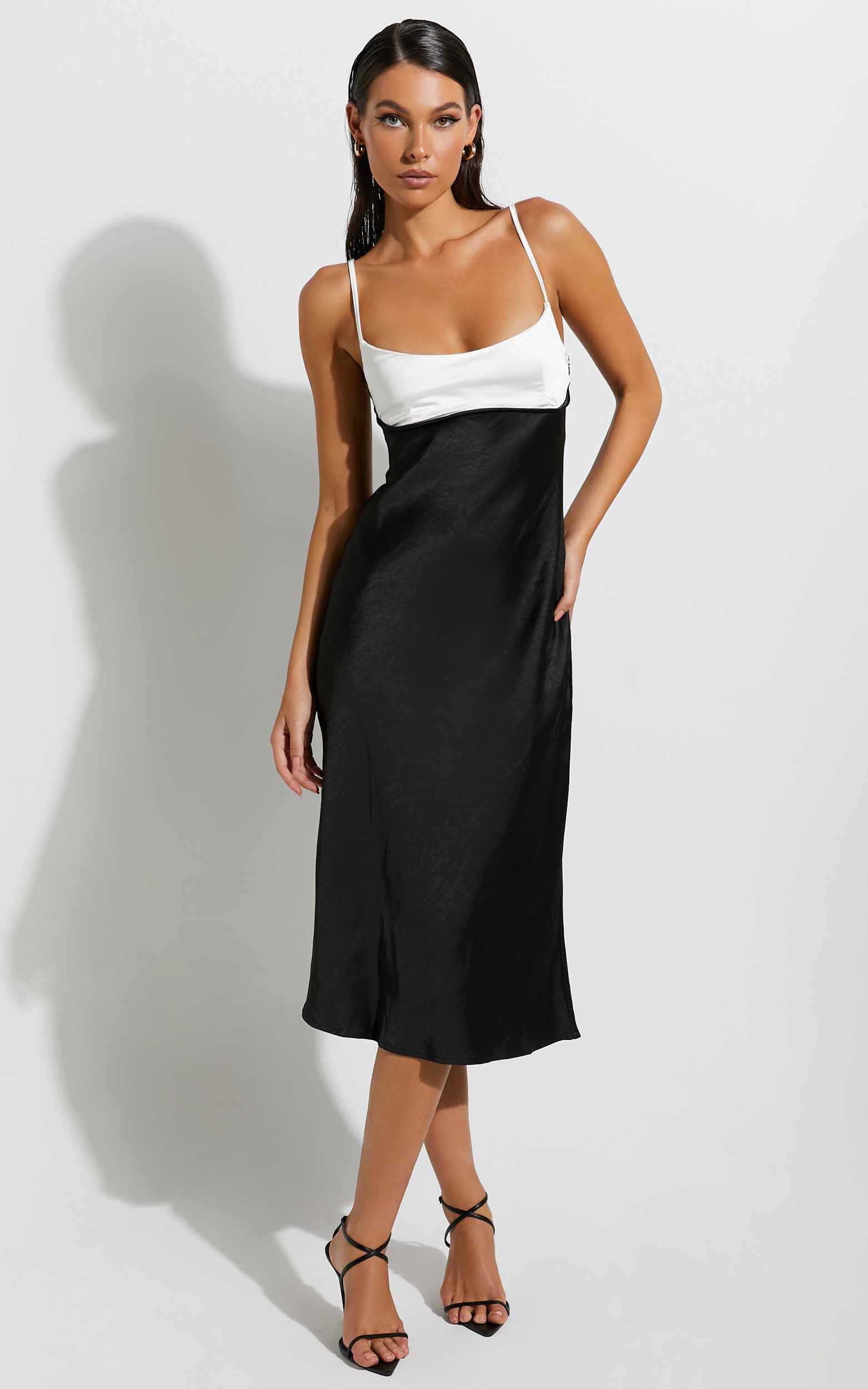 Shantelle Midi Dress - Satin Slip Contrast Bust Dress in Black
