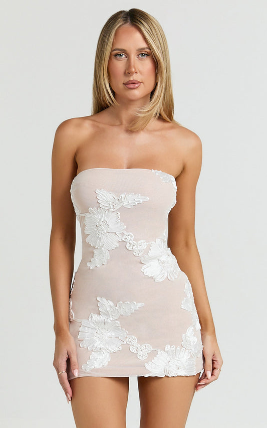 Shelby Mini Dress - Strapless Rosette Bodycon Dress in White