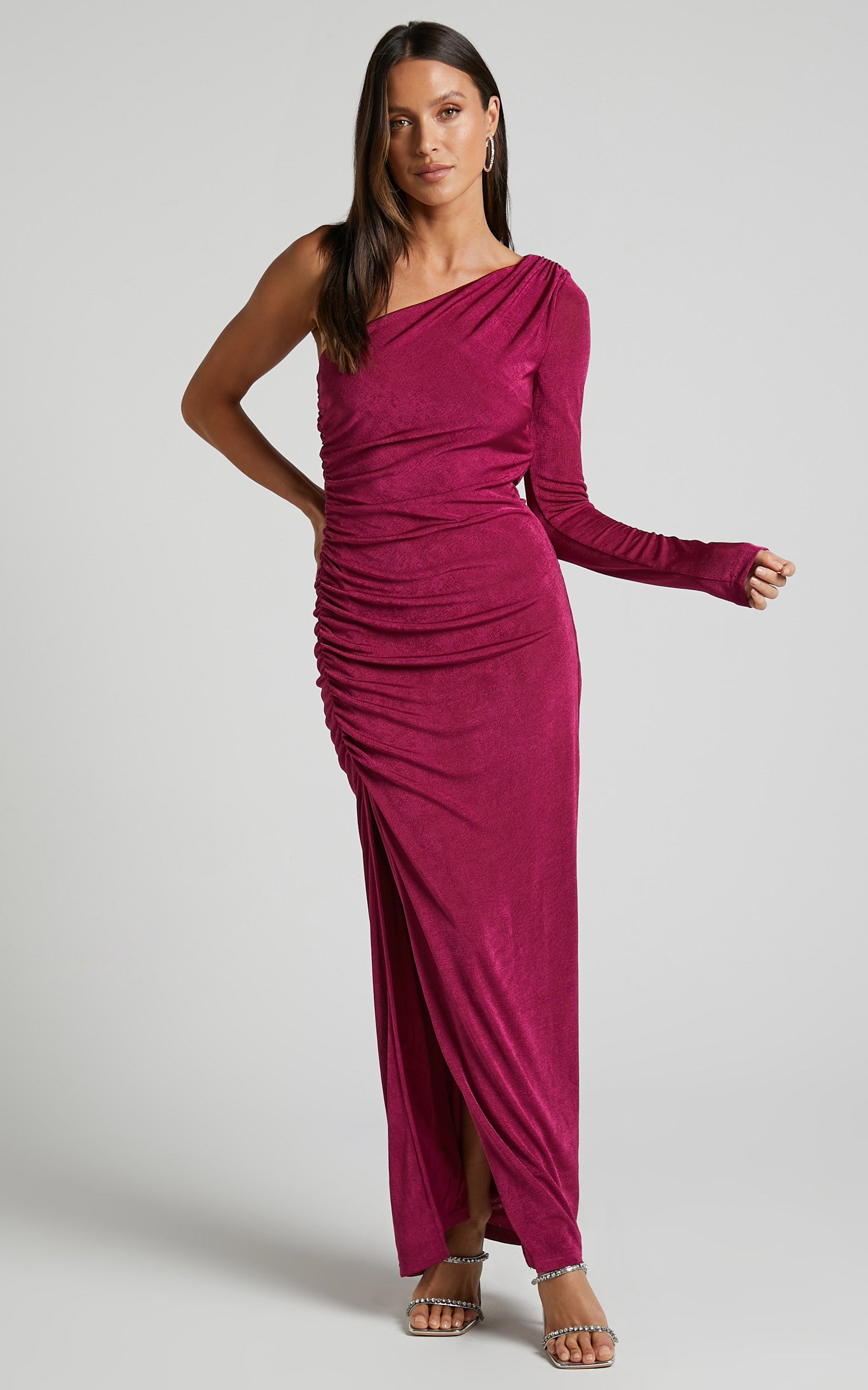 Shemara Midi Dress - One Shoulder Asymmetrical Long Sleeve Thigh Slit Dress in Berry