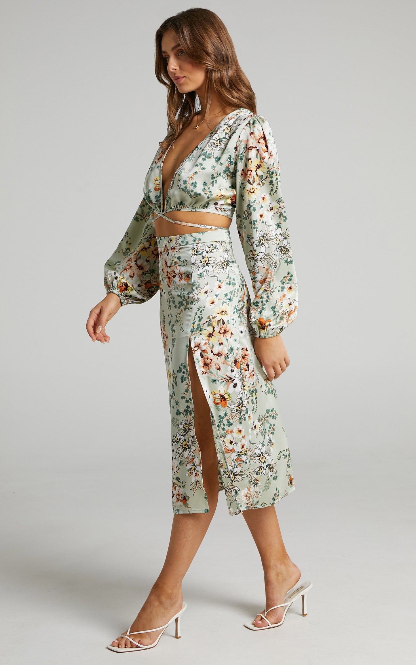 Sheree Side Split Midi Slip Skirt in Sage Floral