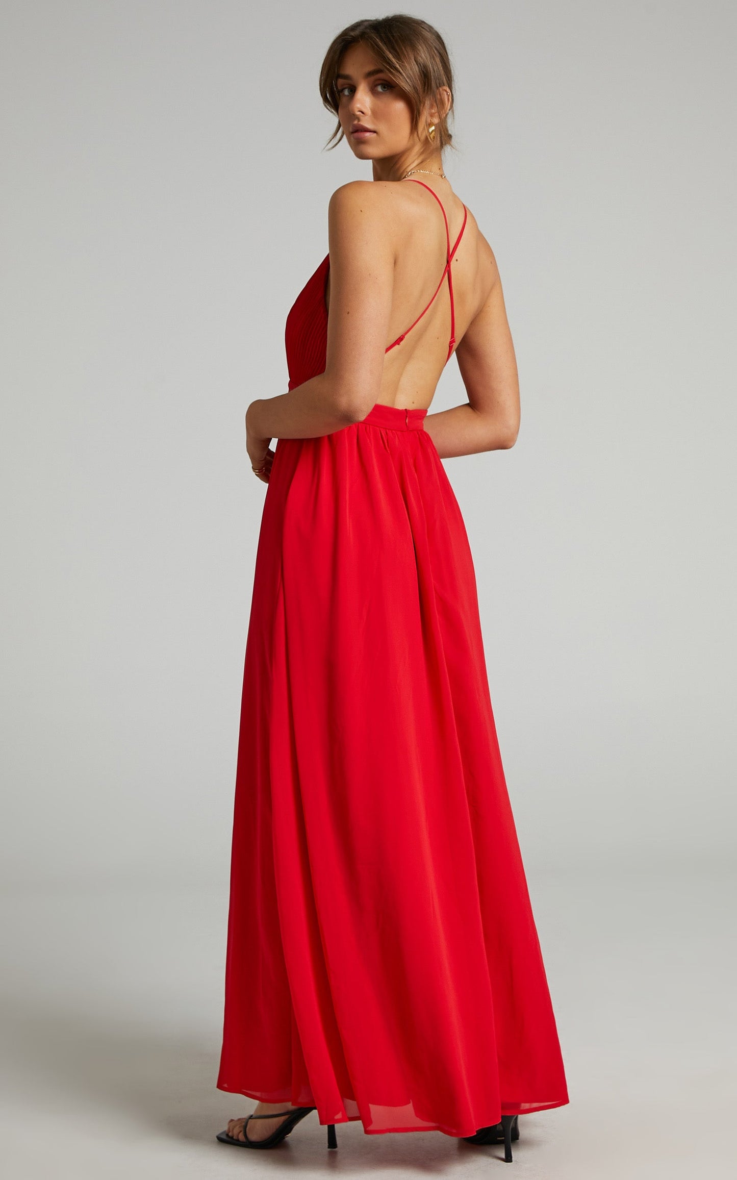 Shes A Delight Midi Dress - Plunge Thigh Split Dress in Red