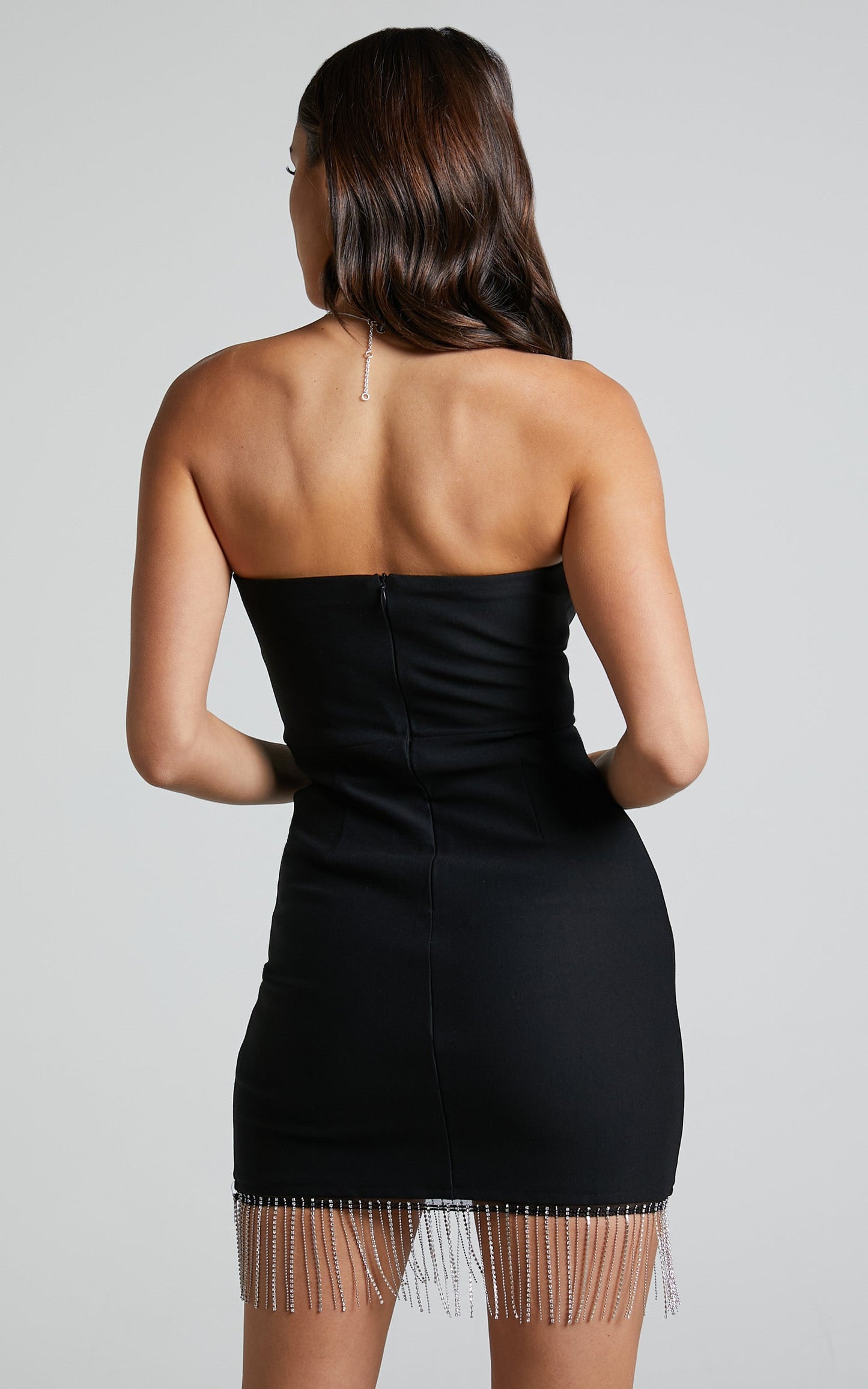 Shikita Mini Dress - Strapless Diamante Fringe Dress in Black