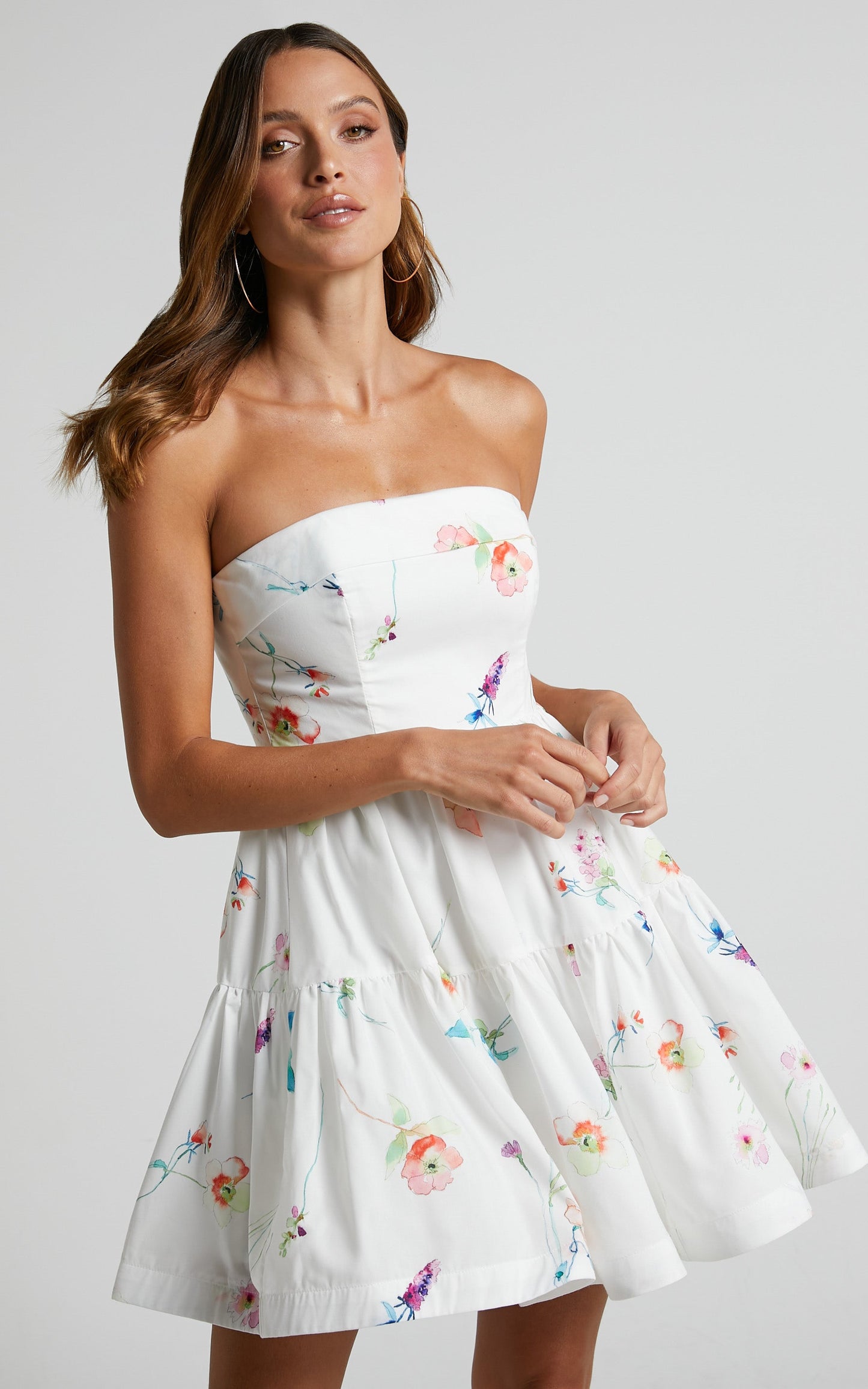 Shineey Mini Dress - Strapless Tiered Dress in Painterly Wild Flower