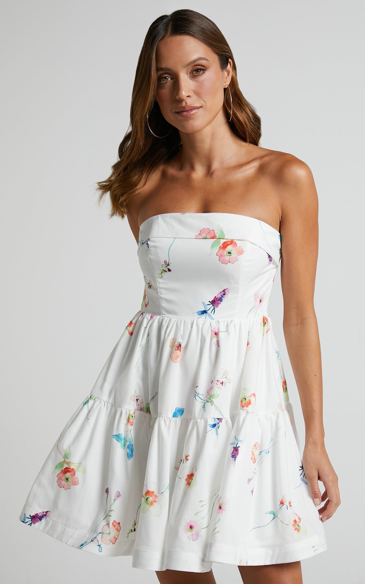 Shineey Mini Dress - Strapless Tiered Dress in Painterly Wild Flower
