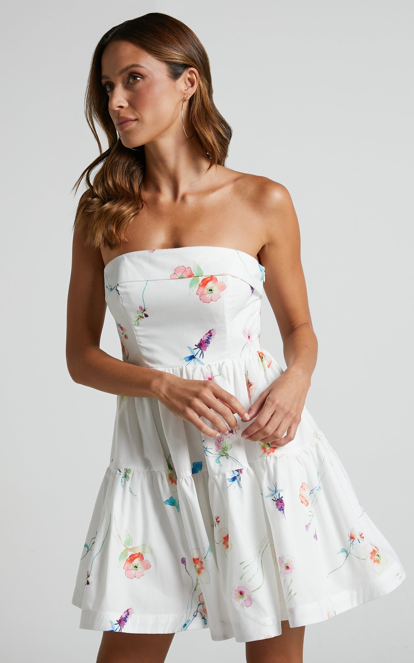 Shineey Mini Dress - Strapless Tiered Dress in Painterly Wild Flower