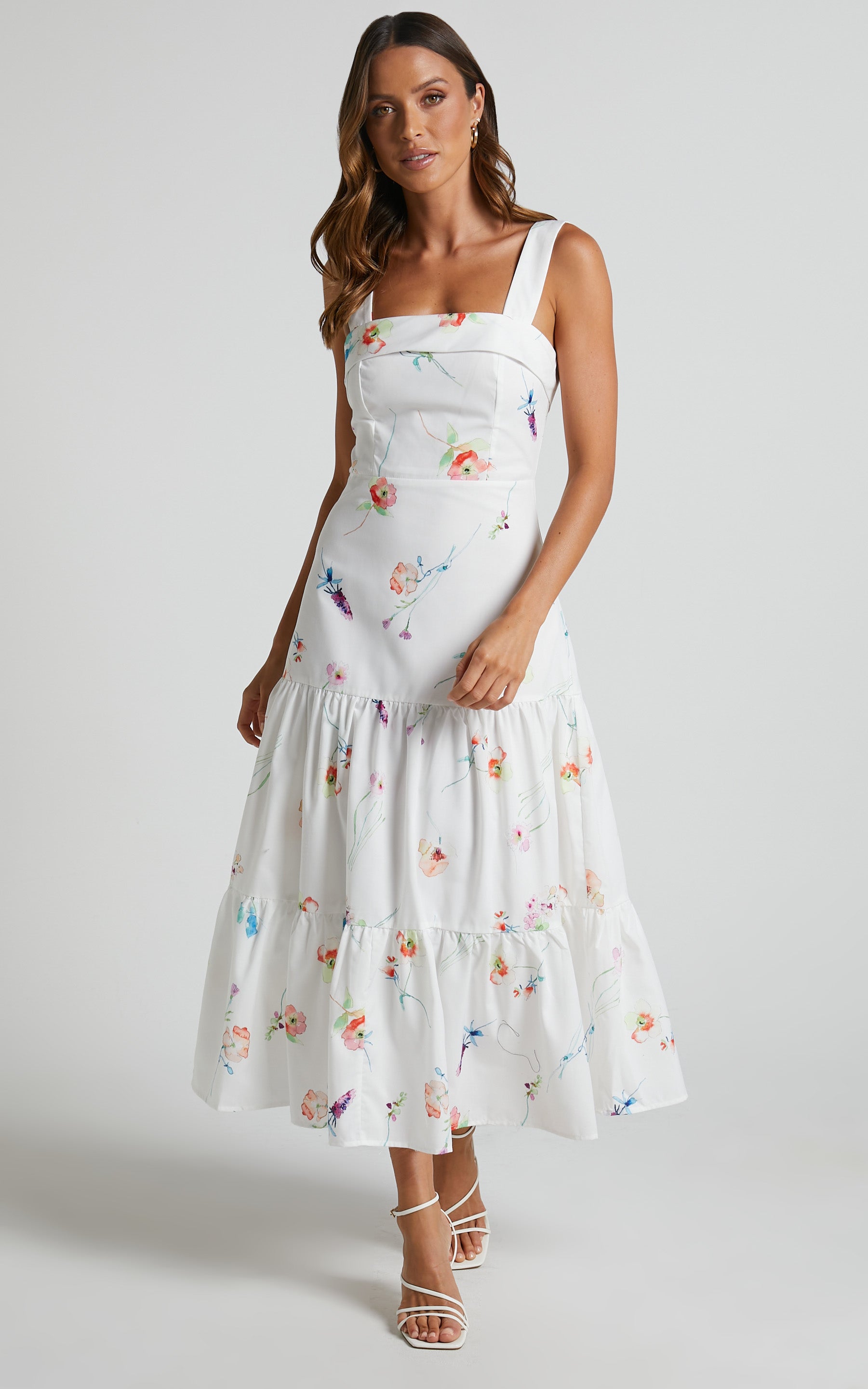 Shineey Midi Dress - Straight Neck Tiered Dress in Painterly Wild Flower
