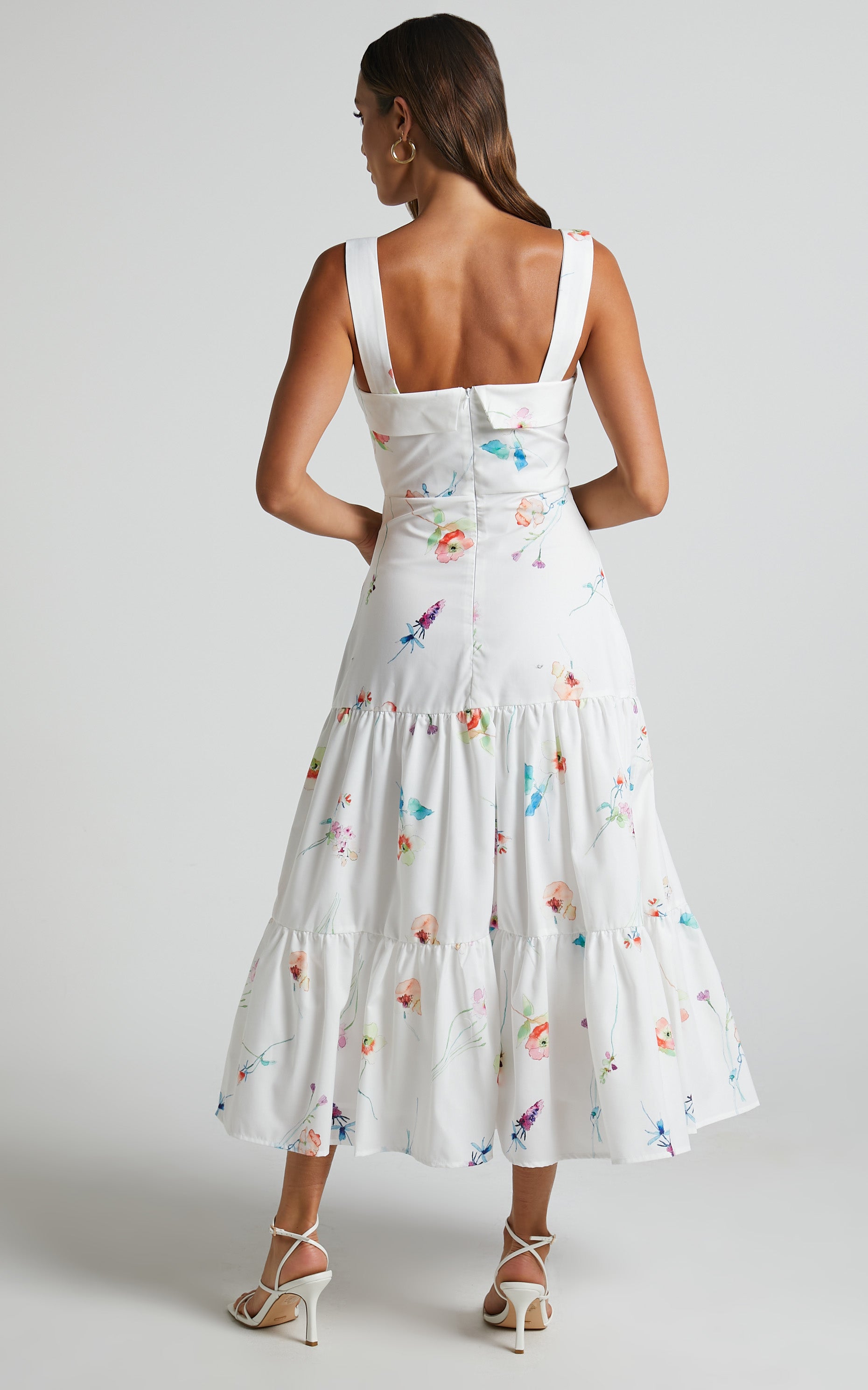 Shineey Midi Dress - Straight Neck Tiered Dress in Painterly Wild Flower