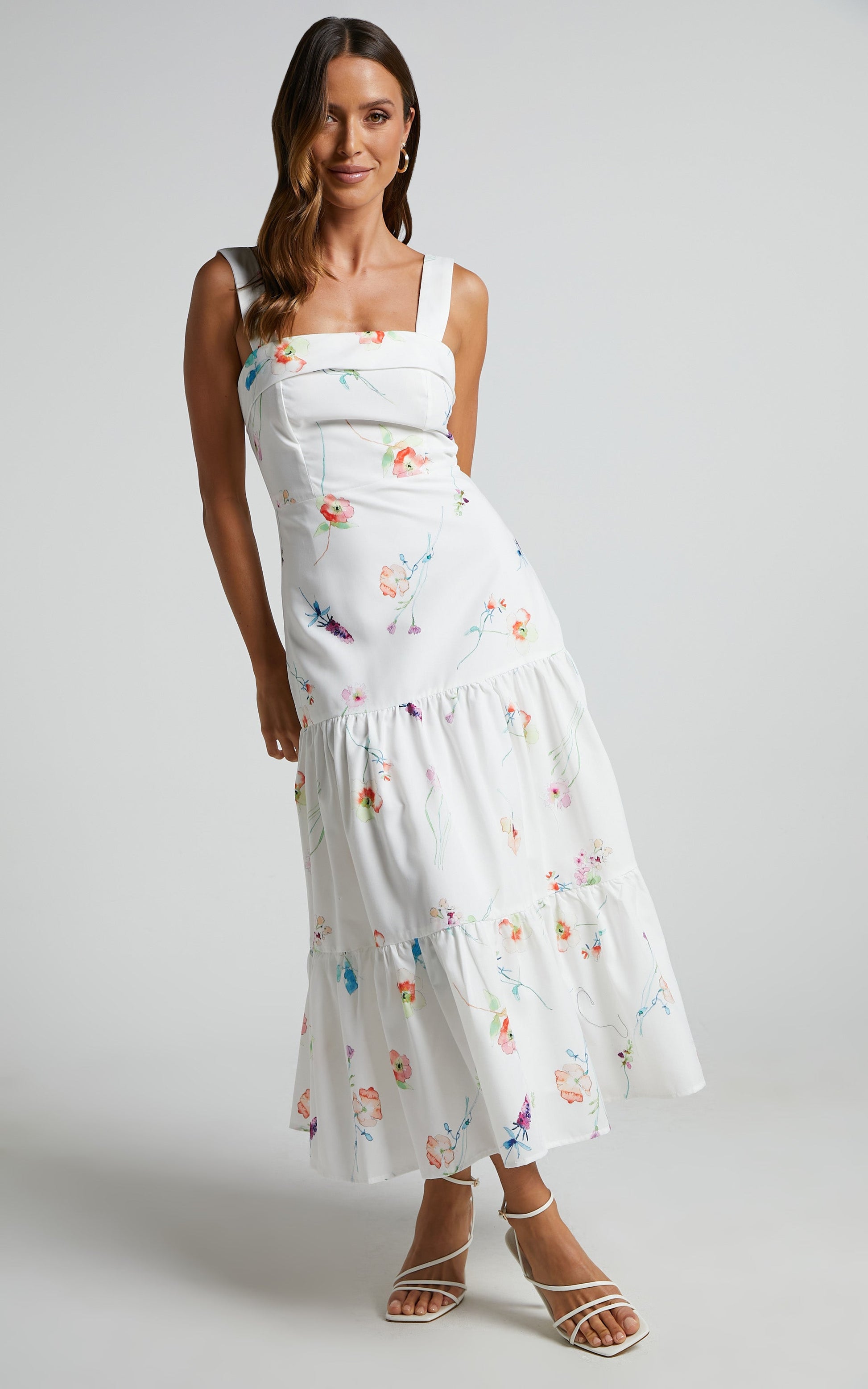 Shineey Midi Dress - Straight Neck Tiered Dress in Painterly Wild Flower