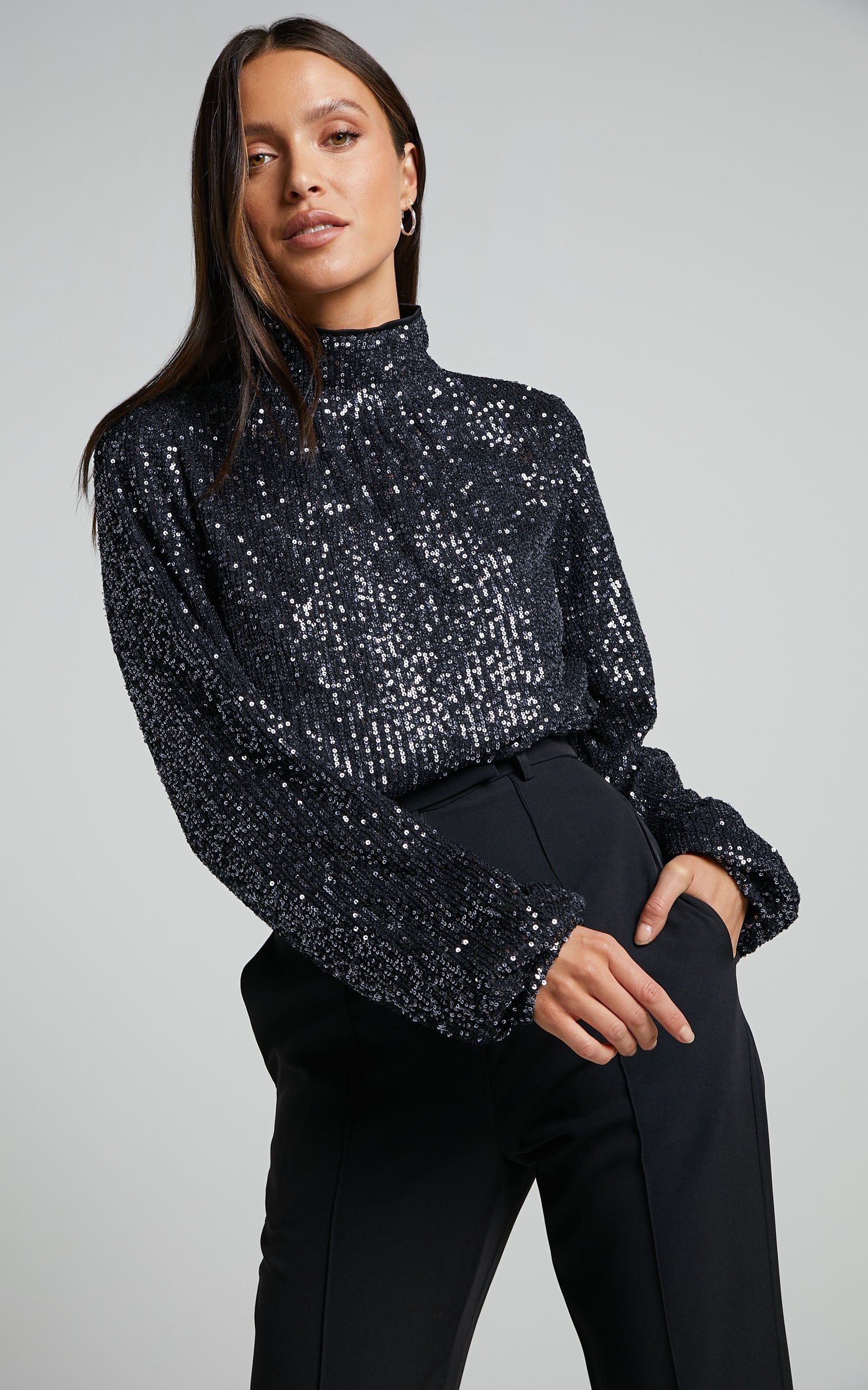 Shona Top - Long Sleeve High Neck Cowl Back in Black