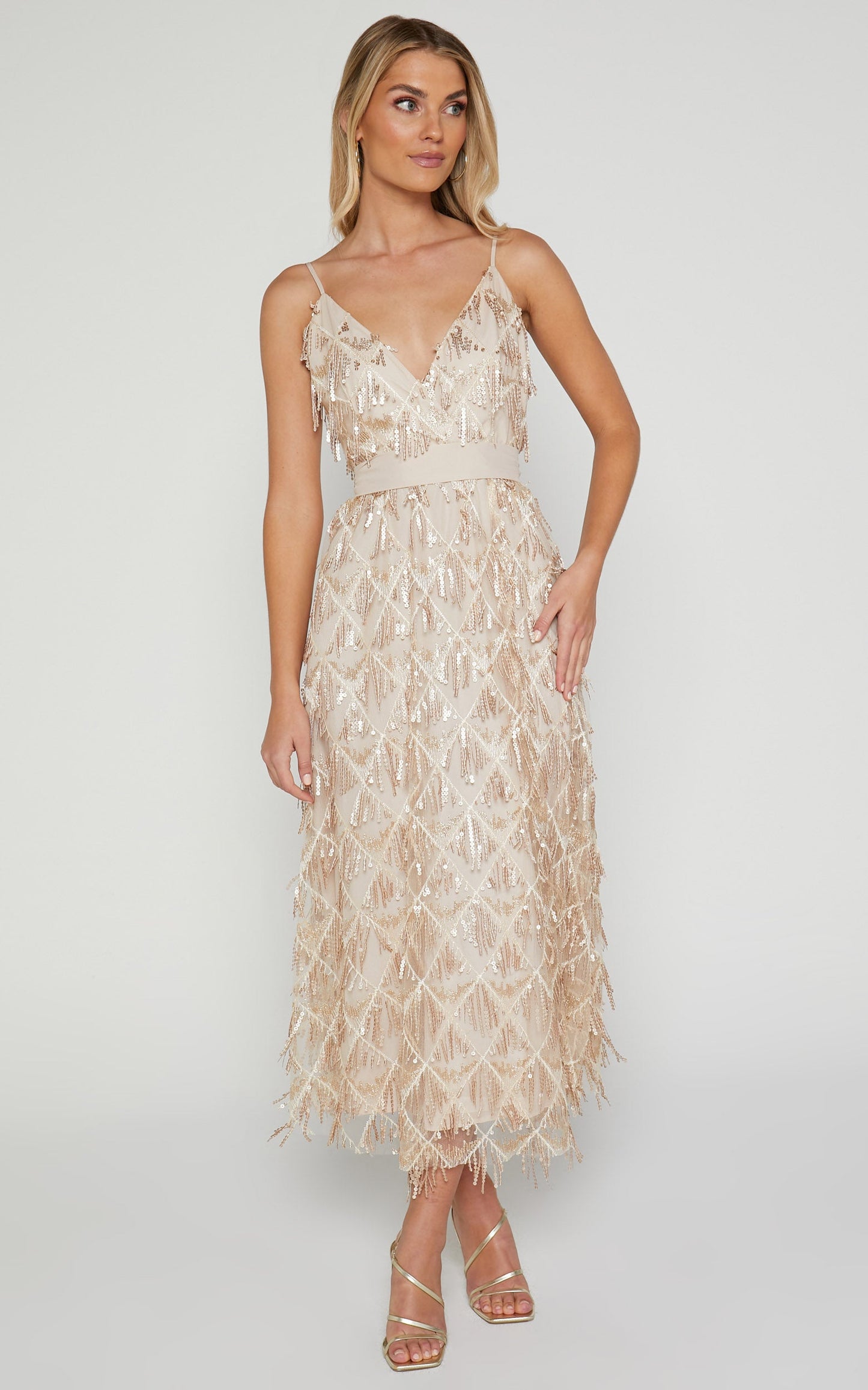 Shook Midi Dress- Plunge fringe midi dress in champagne sequin in Gold
