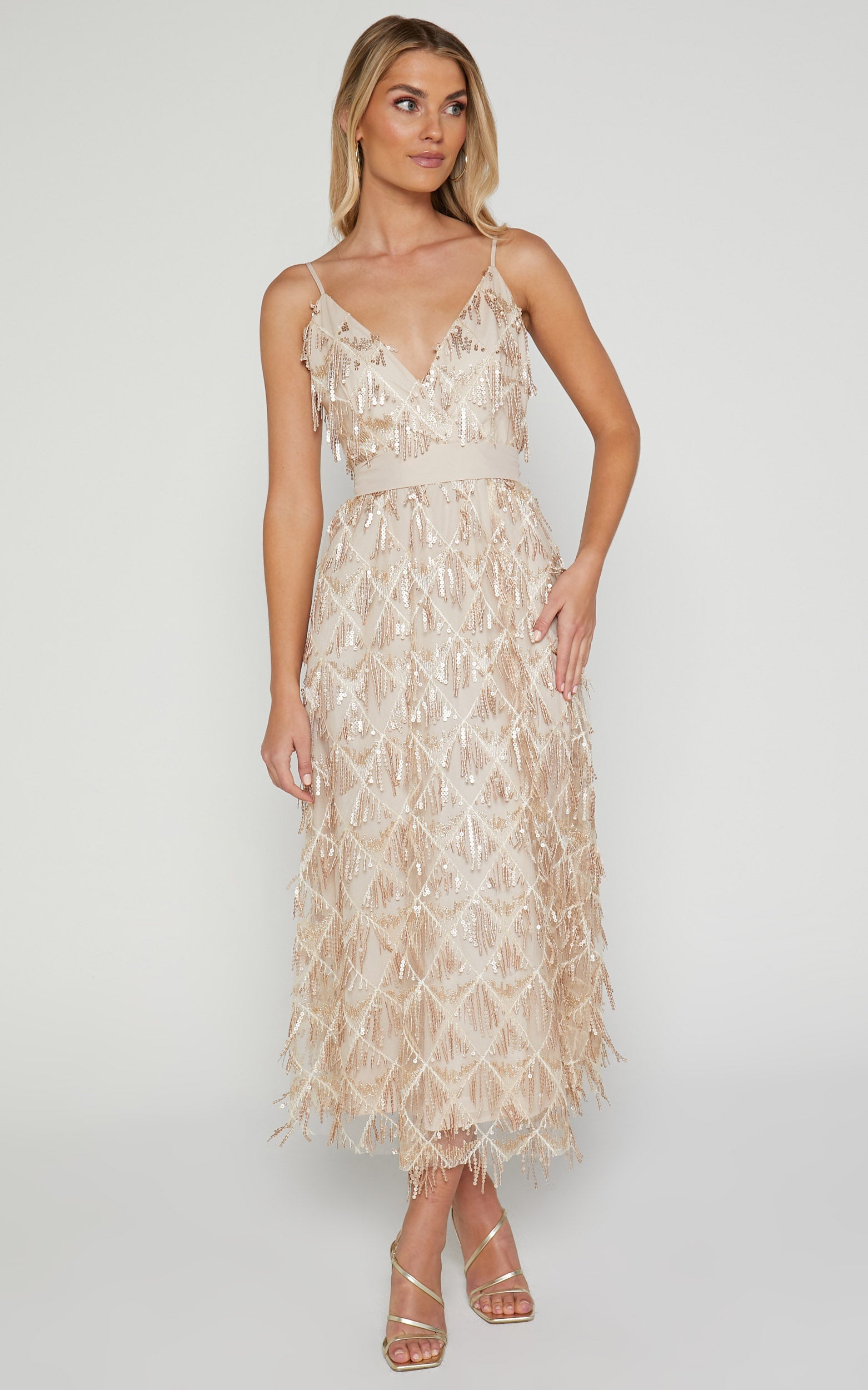 Shook Midi Dress- Plunge fringe midi dress in champagne sequin in Gold