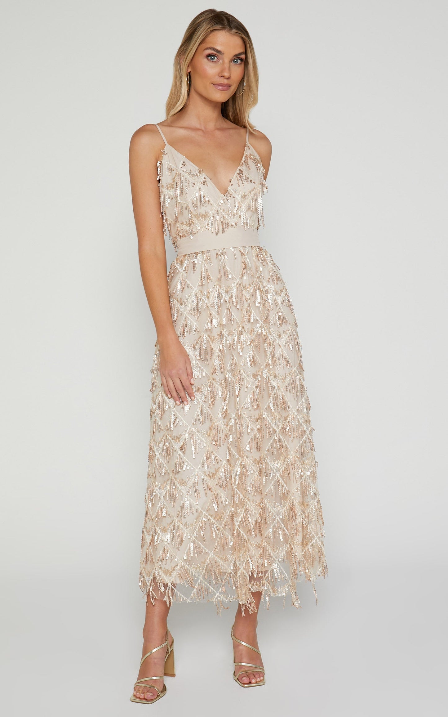 Shook Midi Dress- Plunge fringe midi dress in champagne sequin in Gold