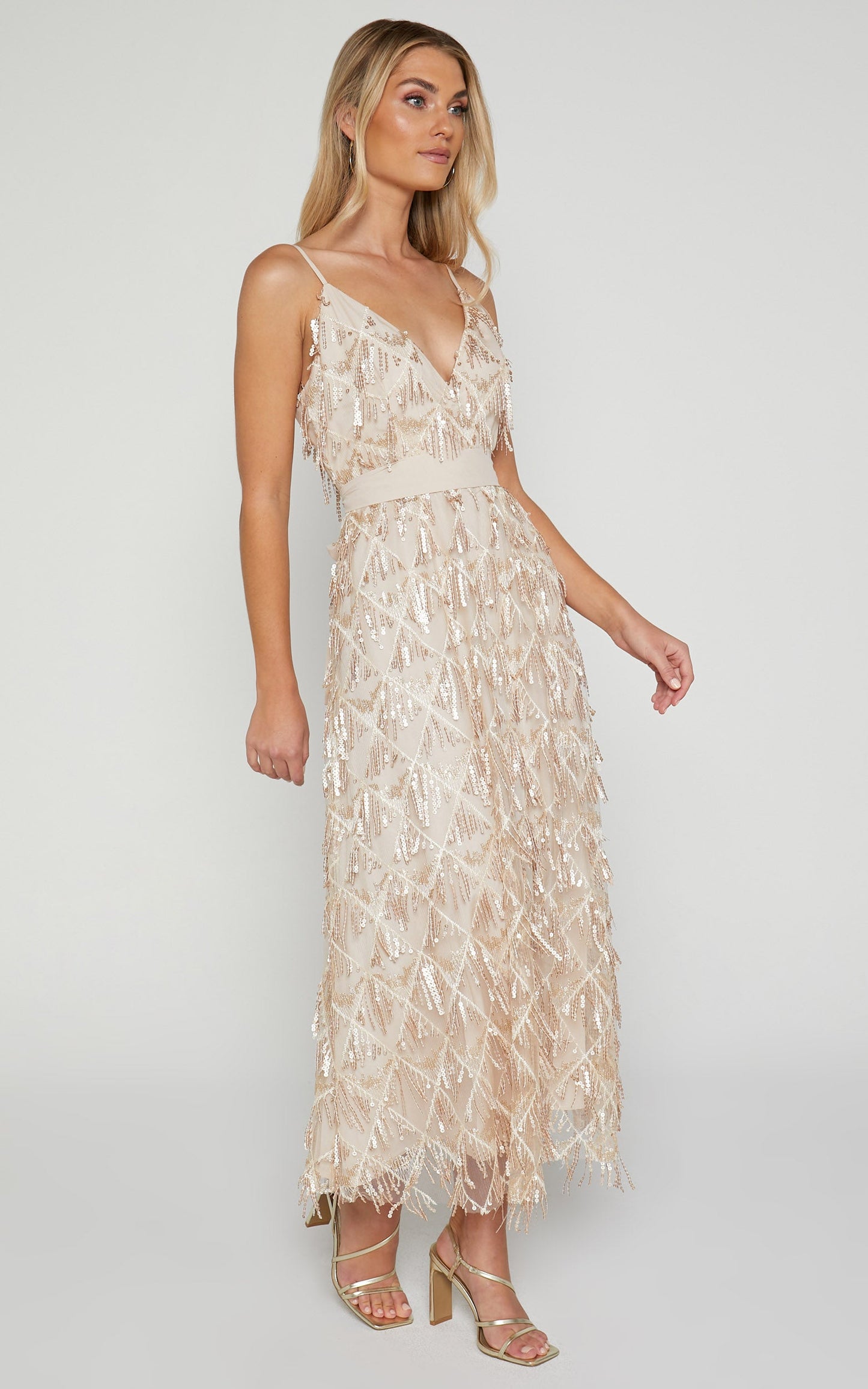 Shook Midi Dress- Plunge fringe midi dress in champagne sequin in Gold