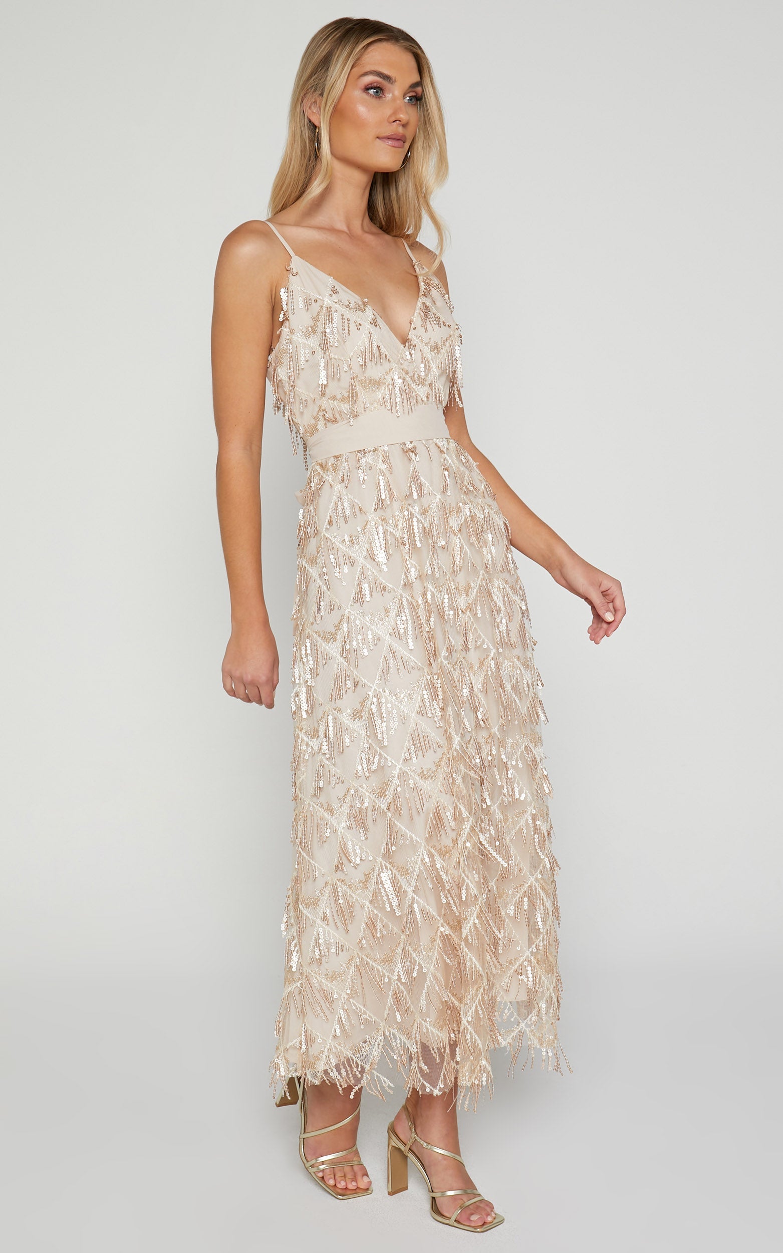Shook Midi Dress- Plunge fringe midi dress in champagne sequin in Gold