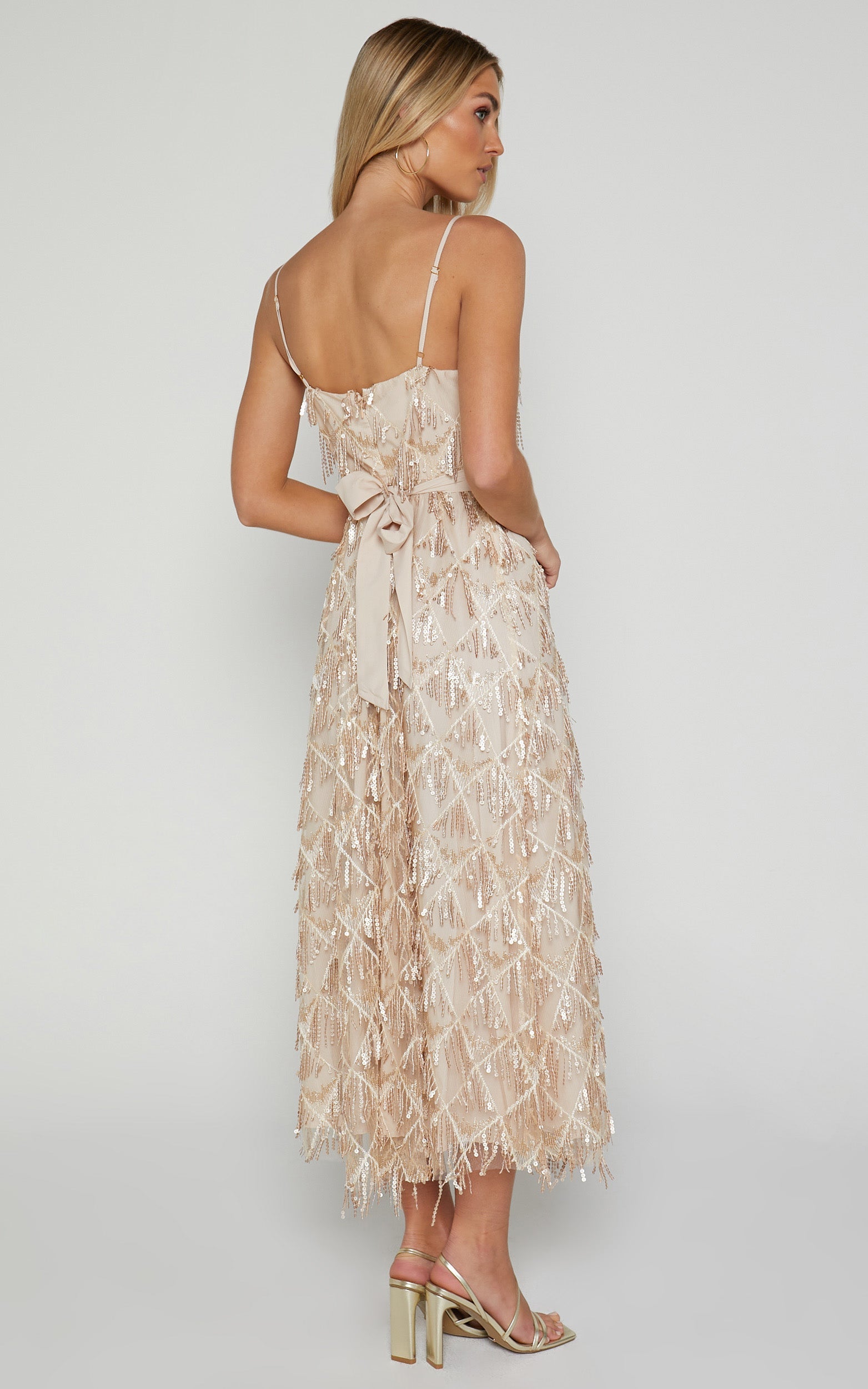 Shook Midi Dress- Plunge fringe midi dress in champagne sequin in Gold