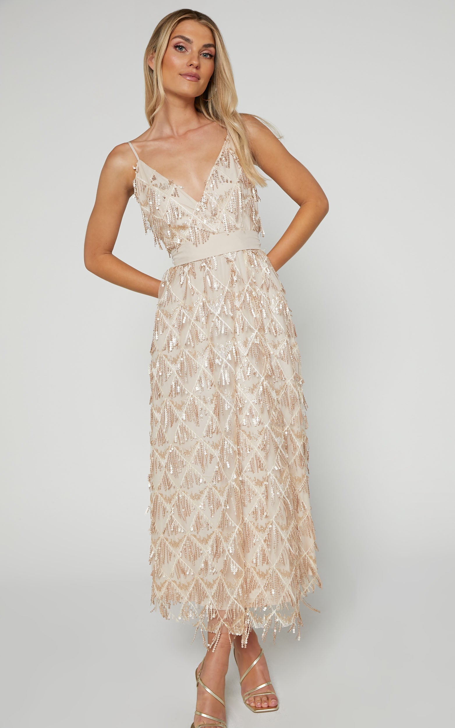 Shook Midi Dress- Plunge fringe midi dress in champagne sequin in Gold