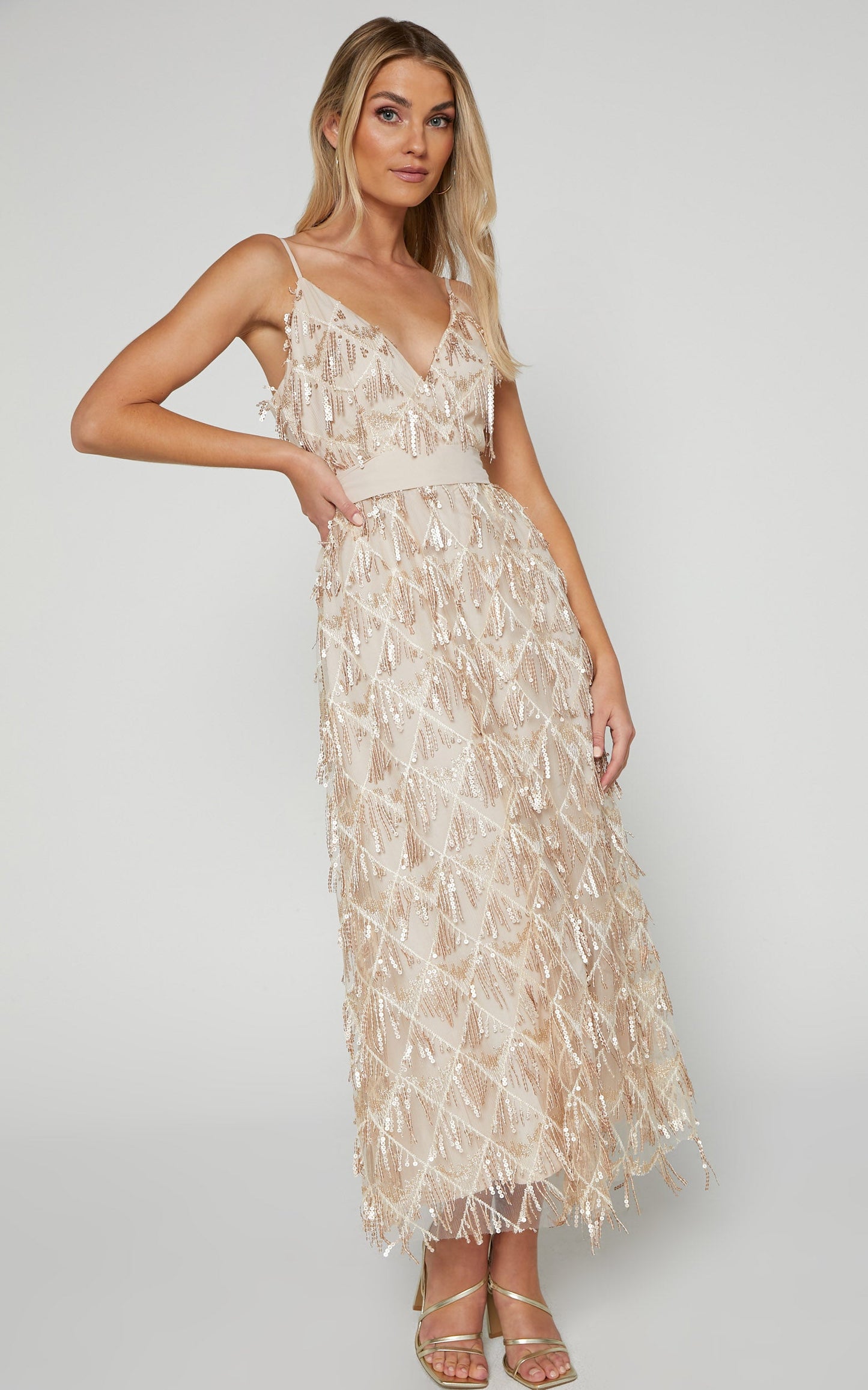 Shook Midi Dress- Plunge fringe midi dress in champagne sequin in Gold