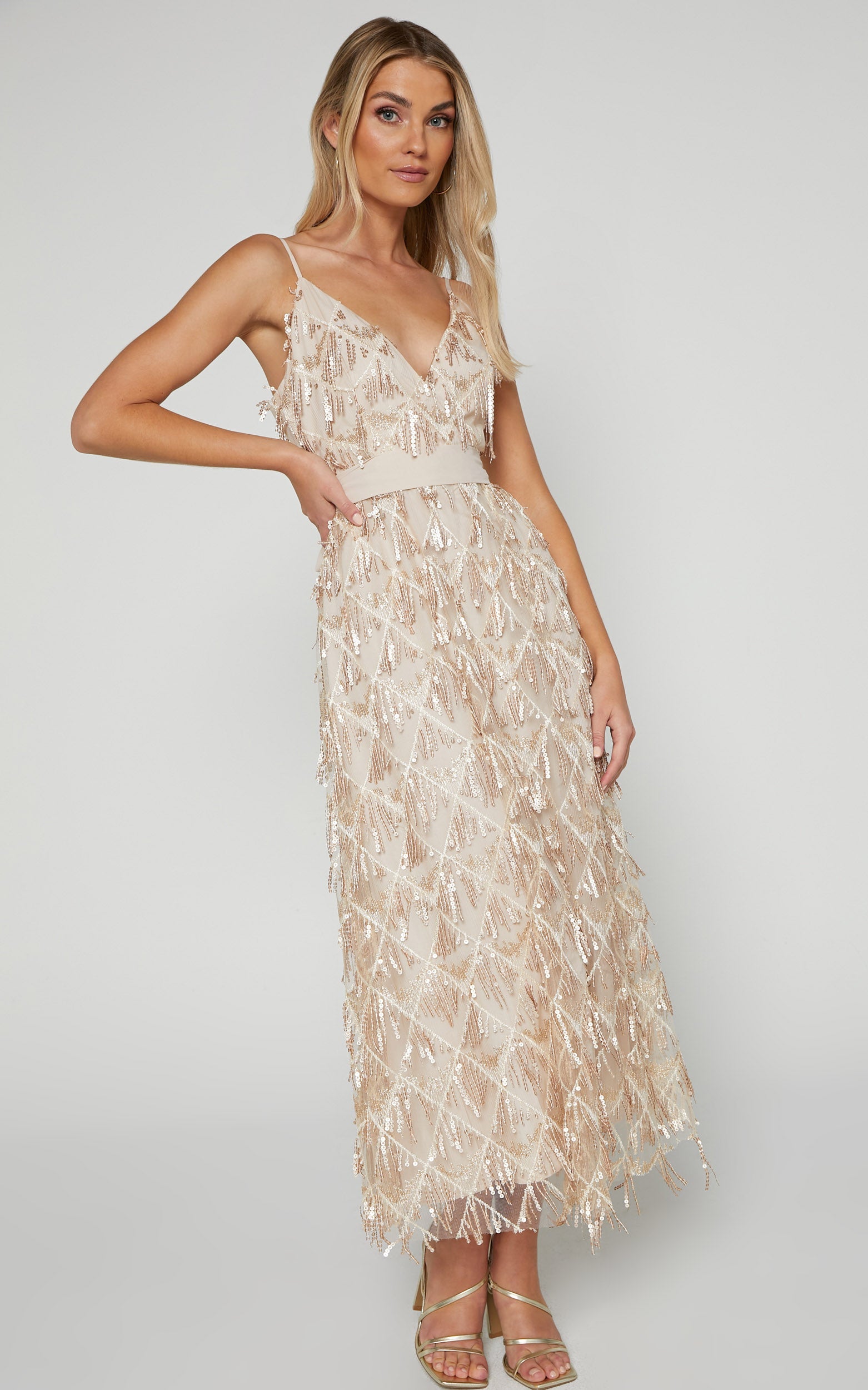 Shook Midi Dress- Plunge fringe midi dress in champagne sequin in Gold