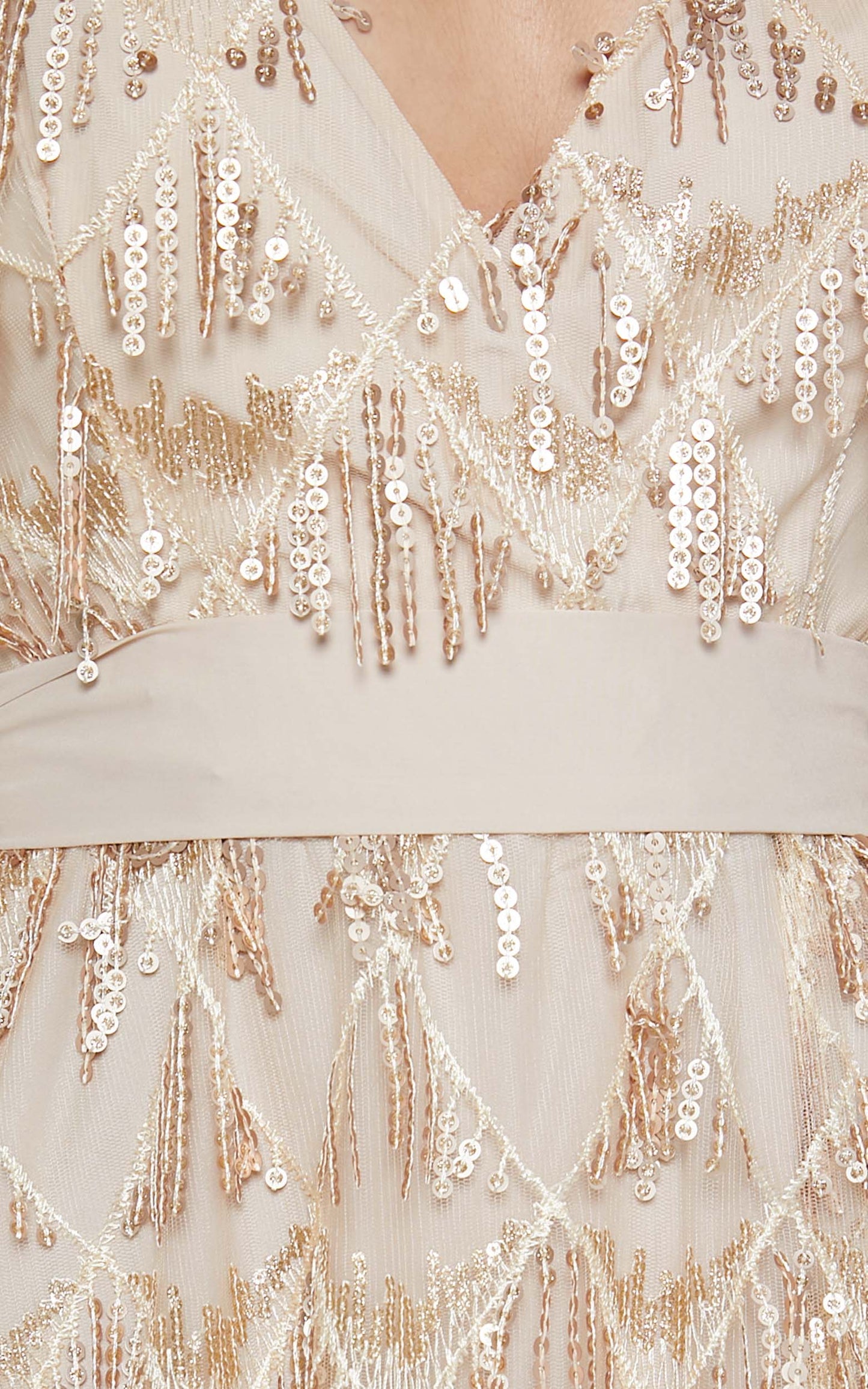 Shook Midi Dress- Plunge fringe midi dress in champagne sequin in Gold