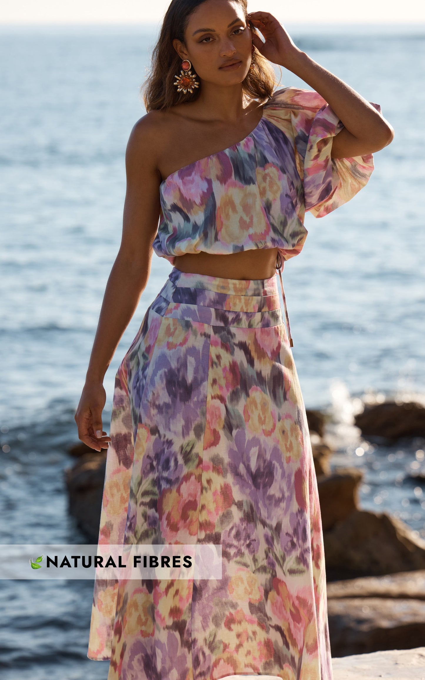 Amalie The Label - Aurelie Linen Look Blend One Shoulder Top and Midi Skirt Two Piece Set in Montreuil Print