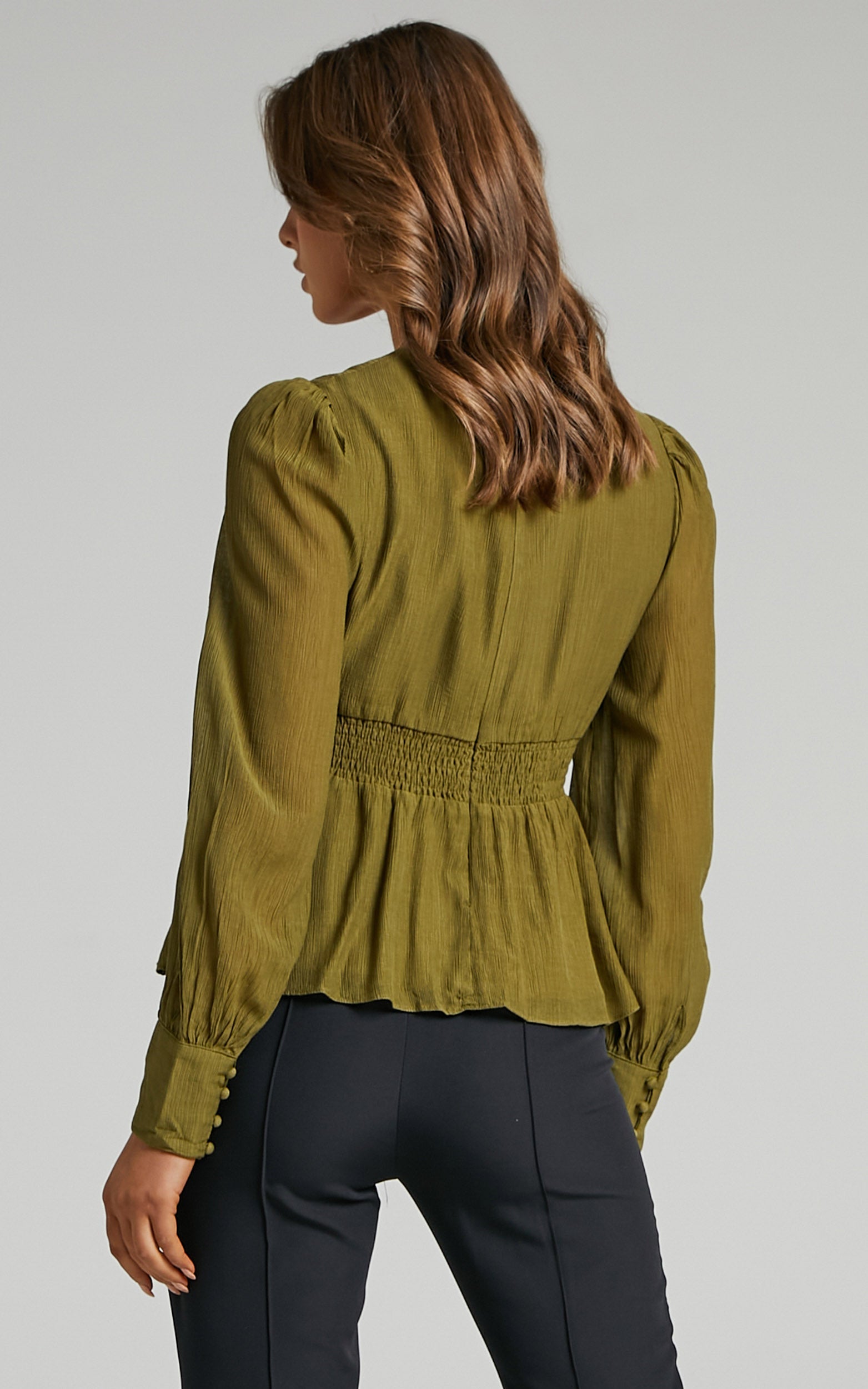 Shyla Balloon Sleeve Peplum Top in Green