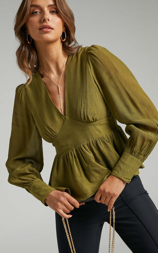 Shyla Balloon Sleeve Peplum Top in Green