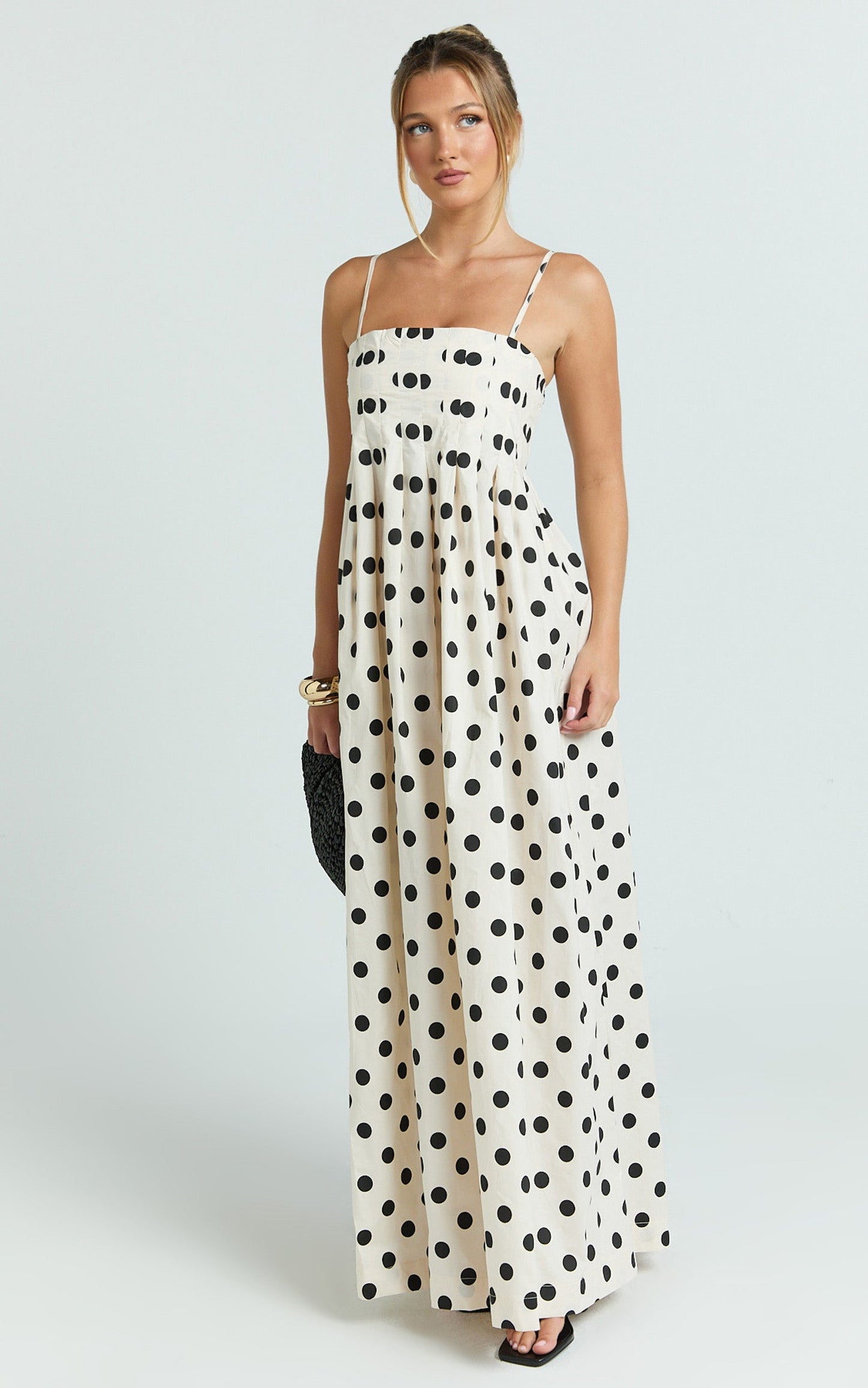 Sia Maxi Dress - Sleeveless Straight Neck A Line Dress in Beige Black Spot