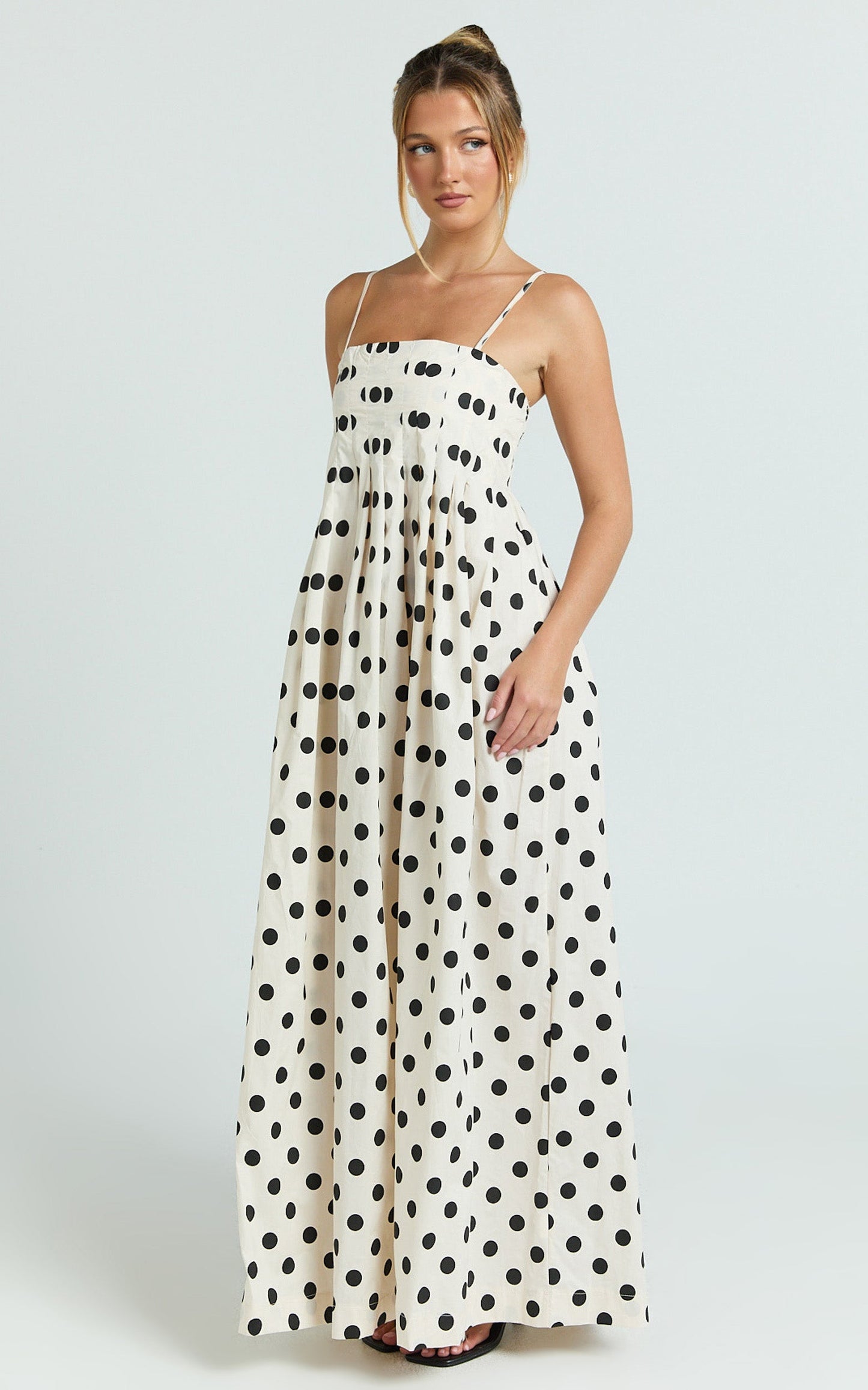 Sia Maxi Dress - Sleeveless Straight Neck A Line Dress in Beige Black Spot