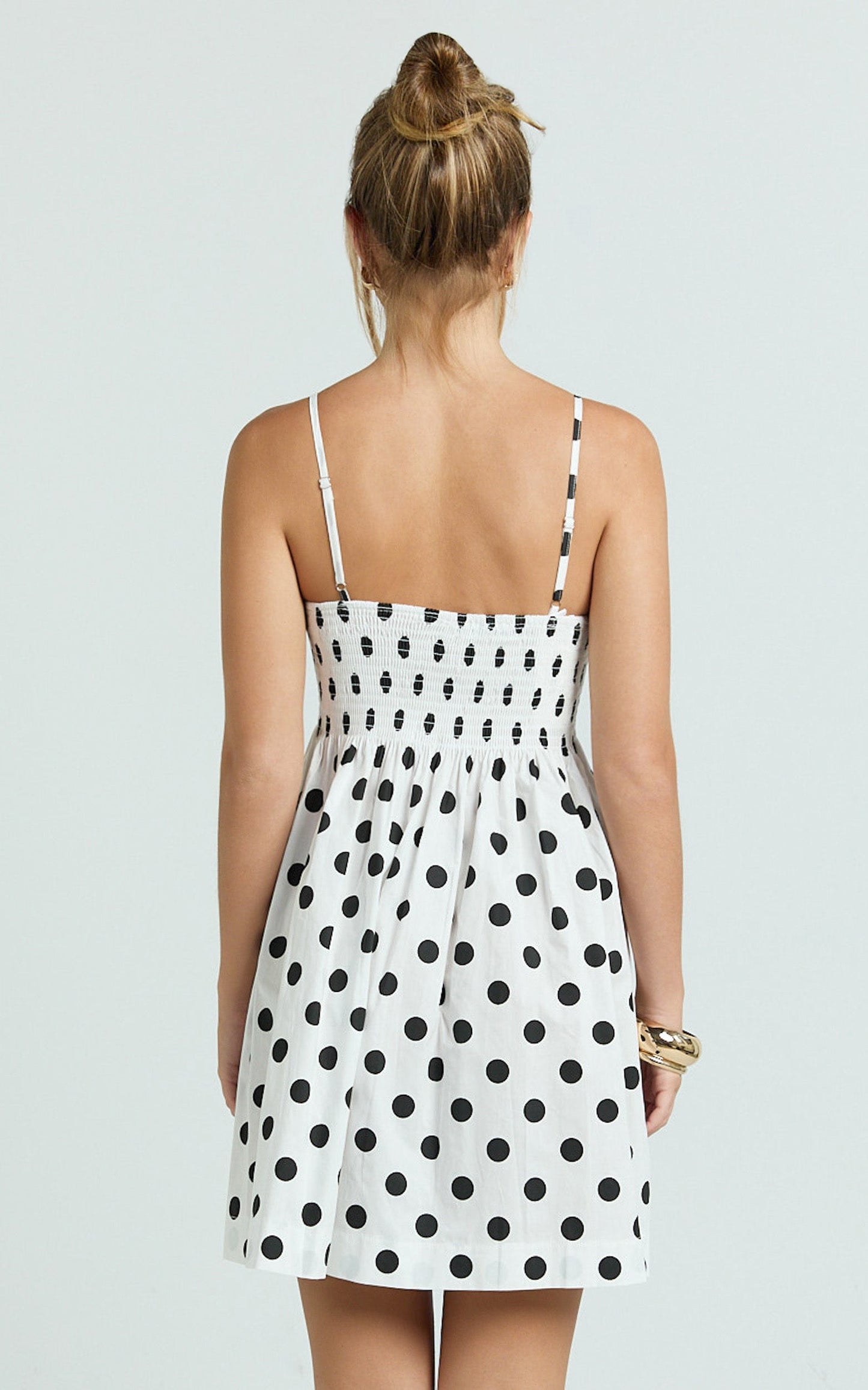 Sia Mini Dress - Sleeveless Straight Neck A Line Dress in White with Black spot