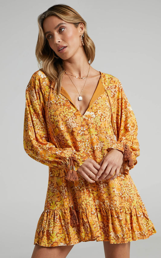 Sian Long Sleeve Mini Dress in Rustic Floral