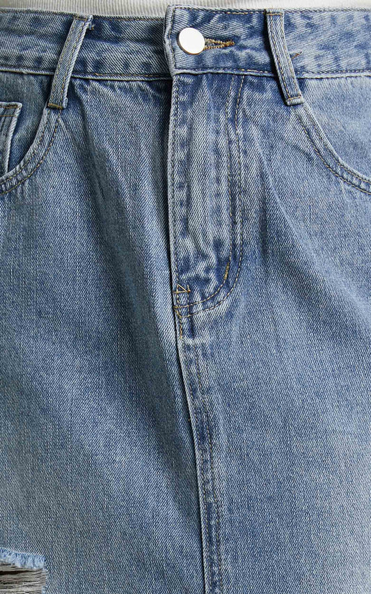 Sienna Midi Skirt - Front Split Denim Skirt in Mid Wash
