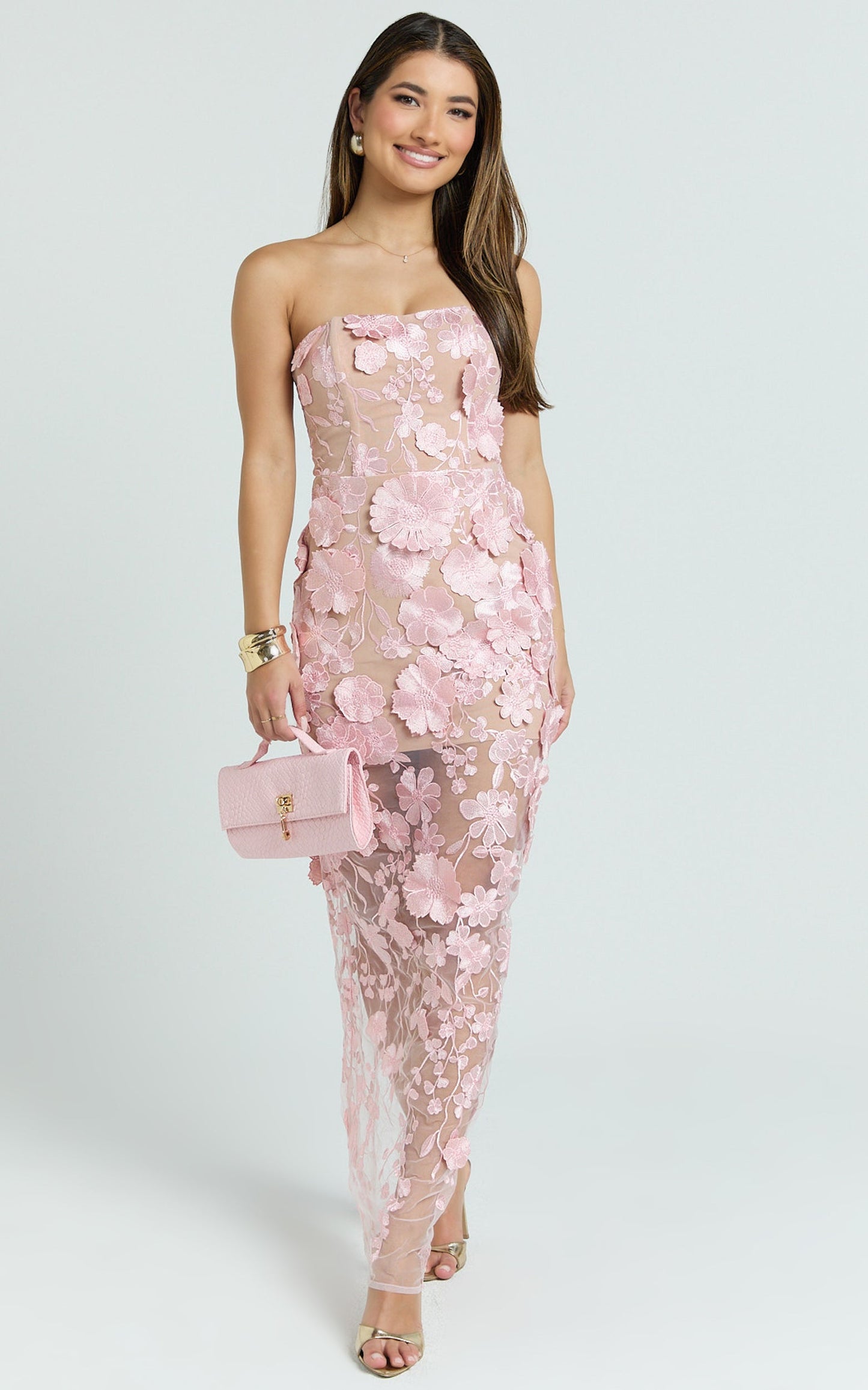 Sienna Maxi Dress - 3D Floral Strapless Column Dress in Pink