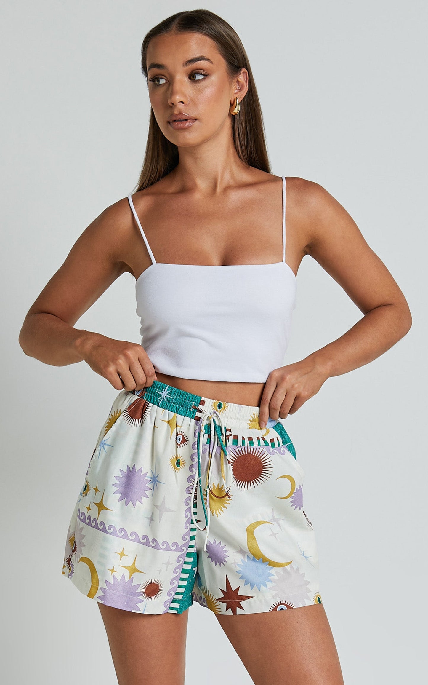 Sifani Shorts - High Waist Elastic Drawstring Shorts in Cosmic Summer
