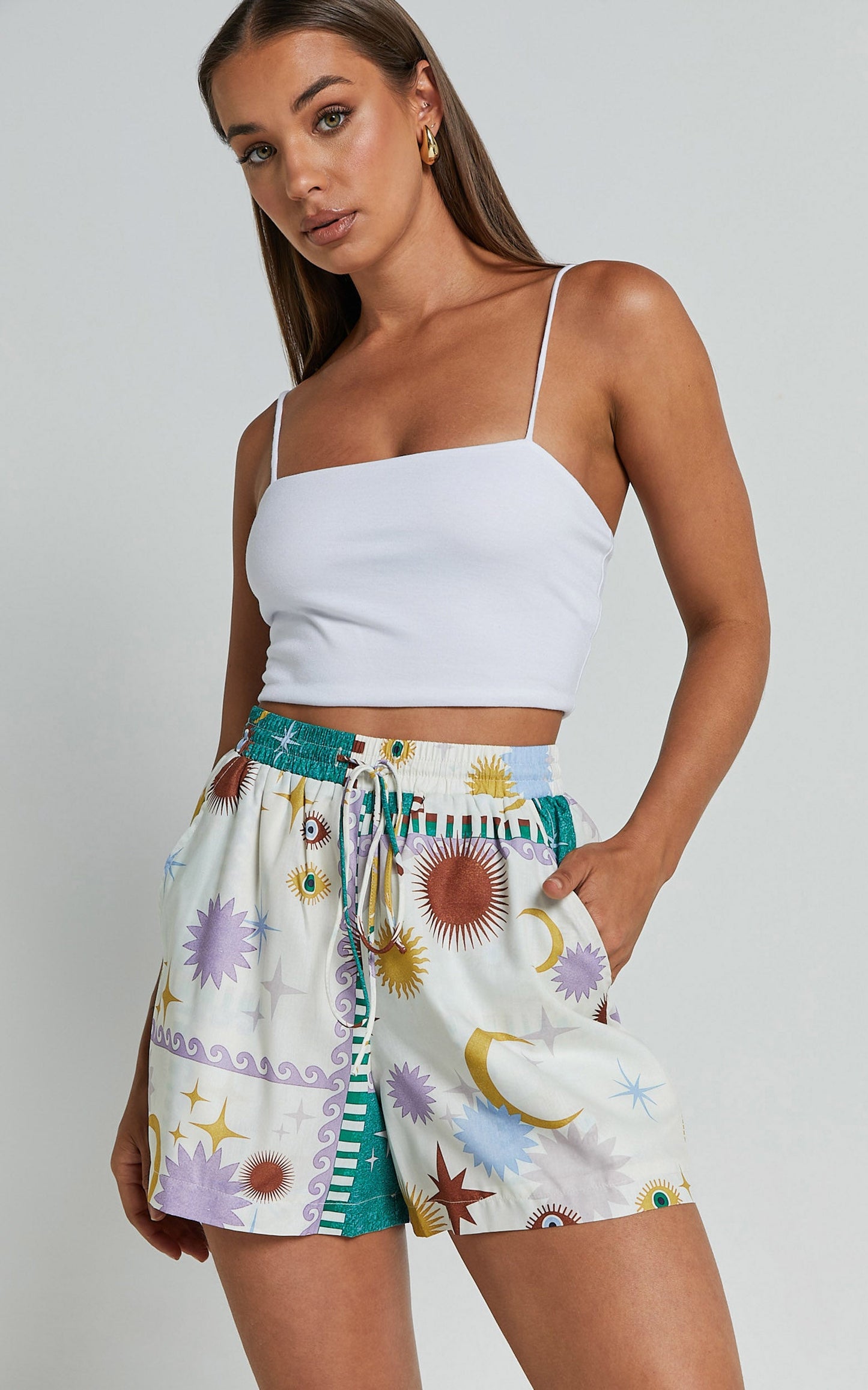 Sifani Shorts - High Waist Elastic Drawstring Shorts in Cosmic Summer