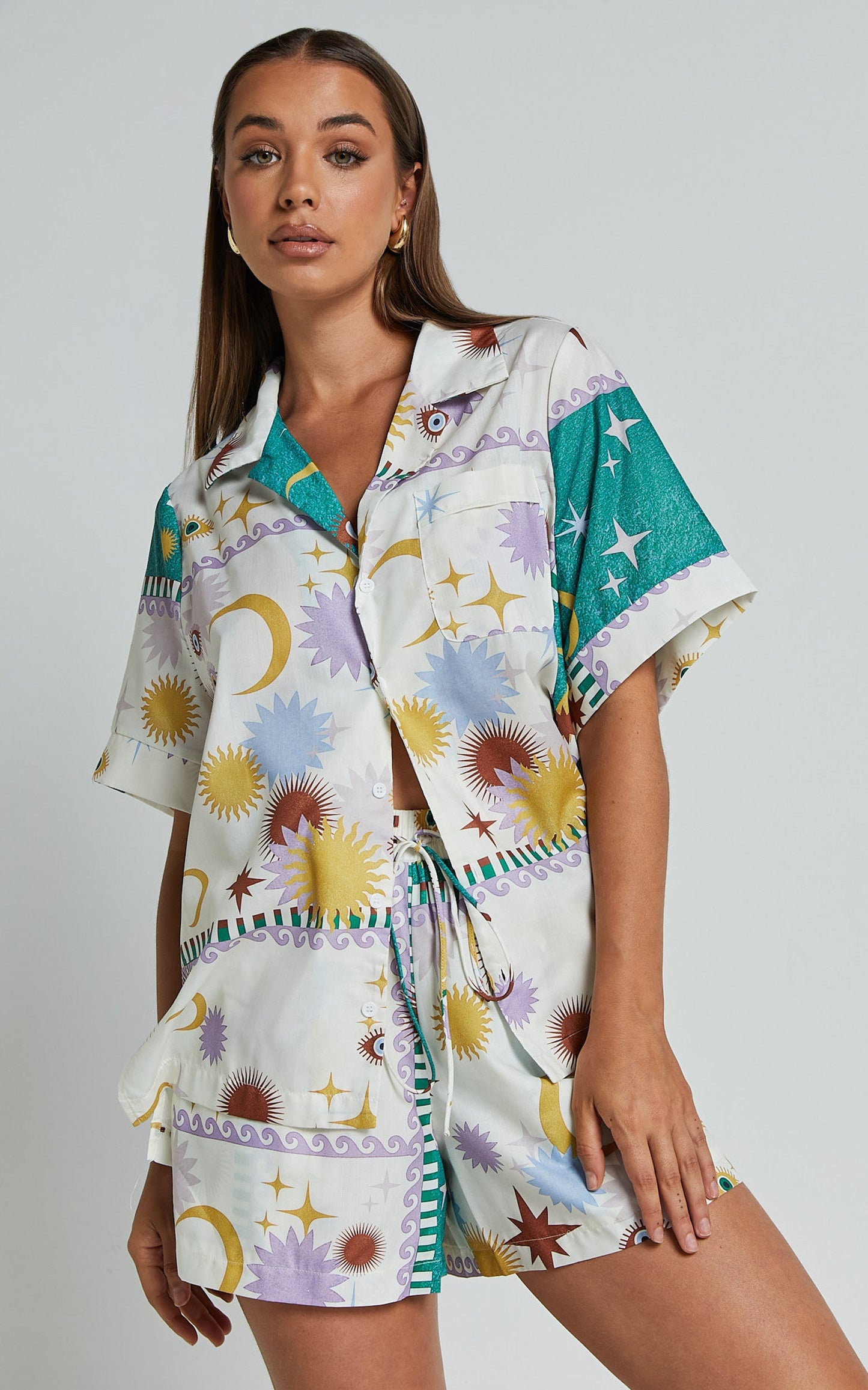 Sifani Shorts - High Waist Elastic Drawstring Shorts in Cosmic Summer