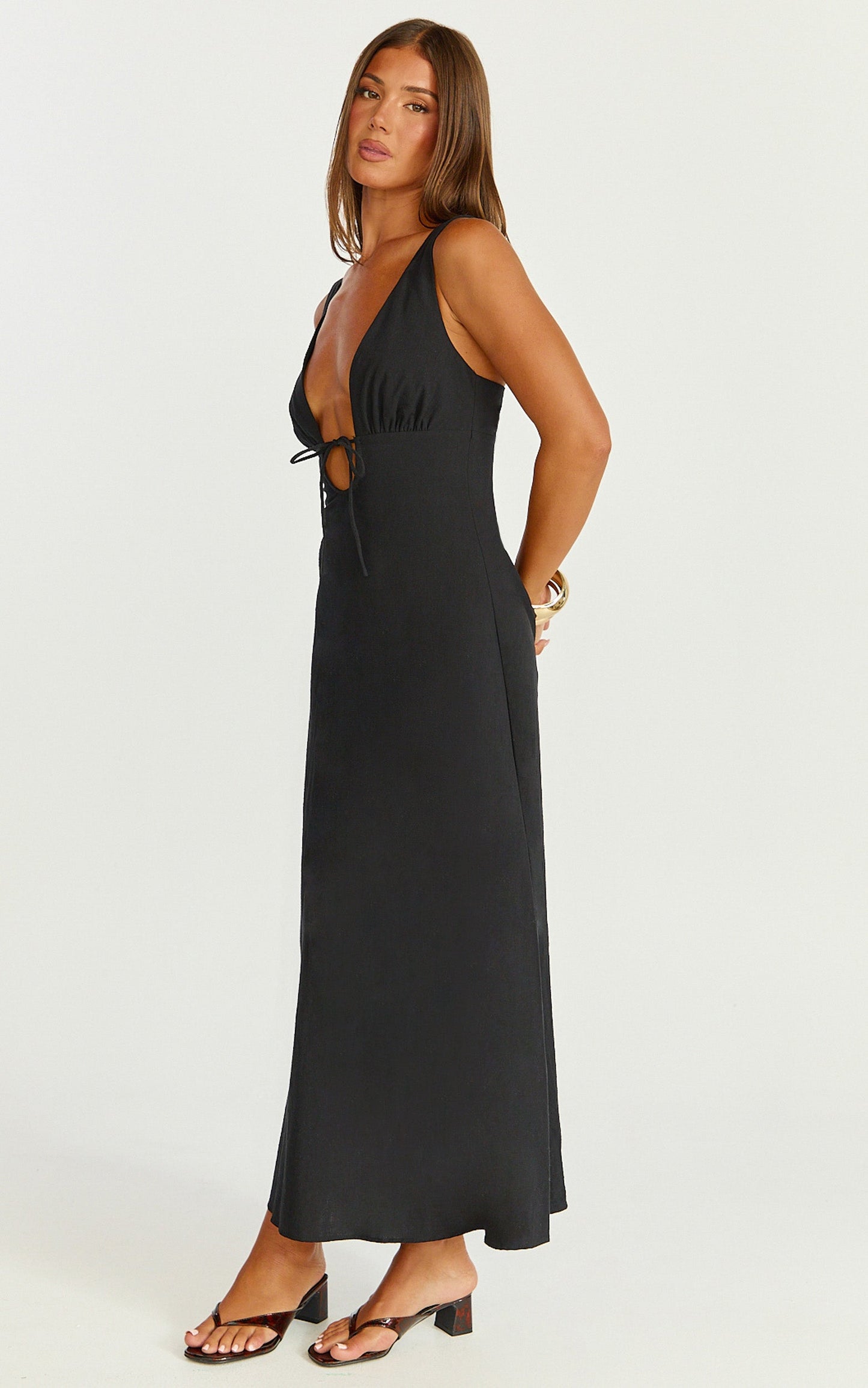 Silvena Midi Dress - Plunge Neckline Tie Front A Line Dress in Black