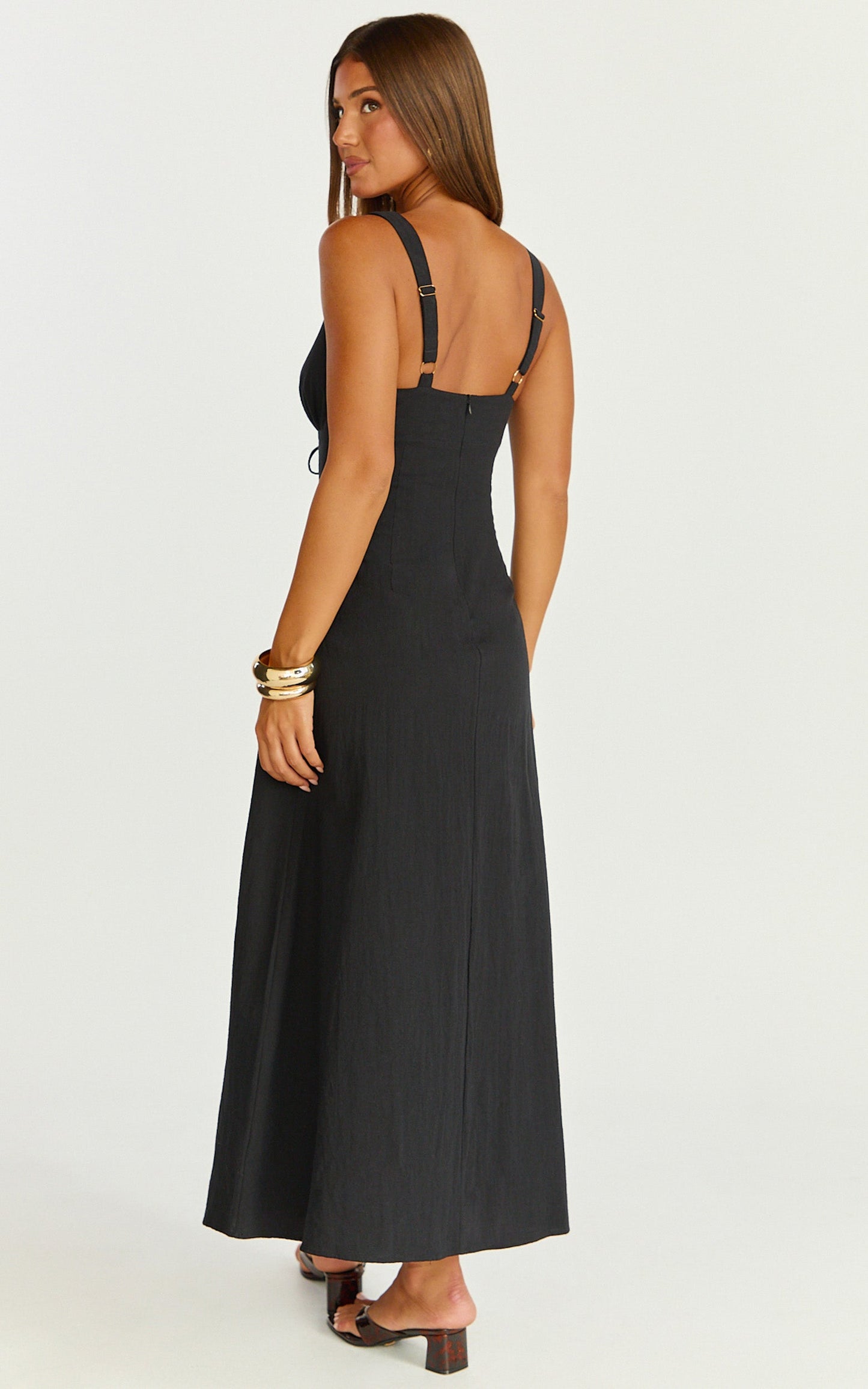 Silvena Midi Dress - Plunge Neckline Tie Front A Line Dress in Black