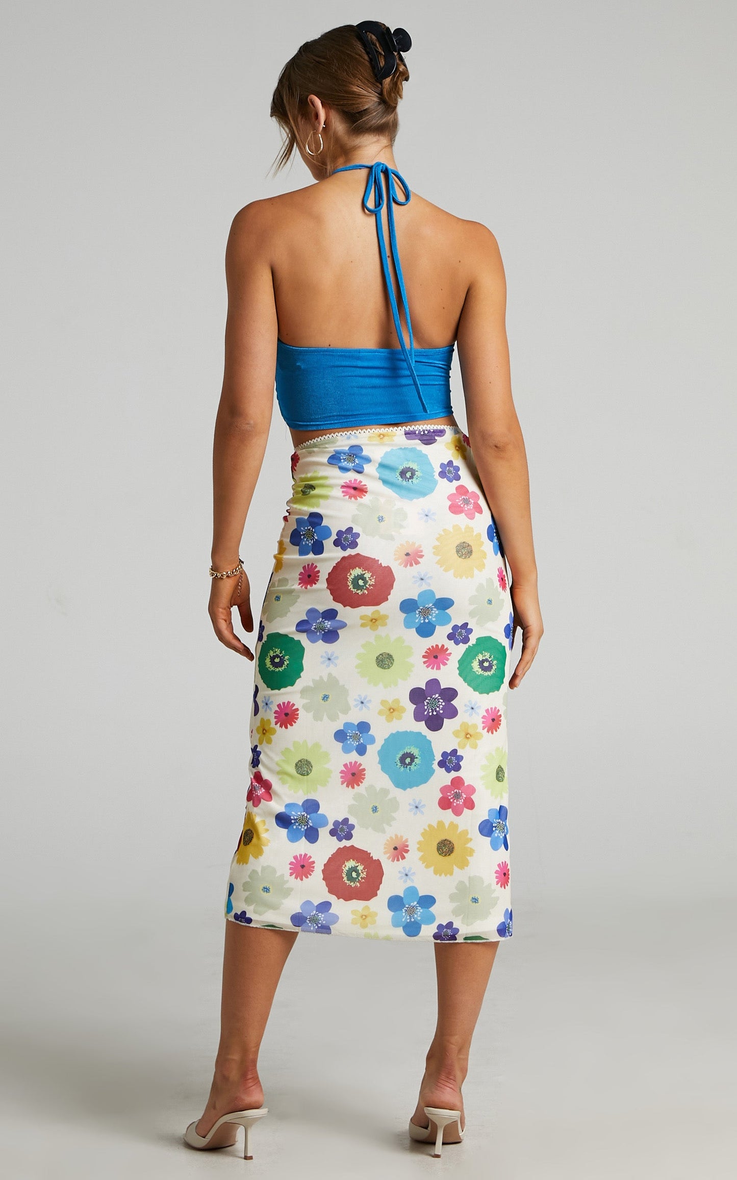Silvi Mesh Midi Skirt in White Floral