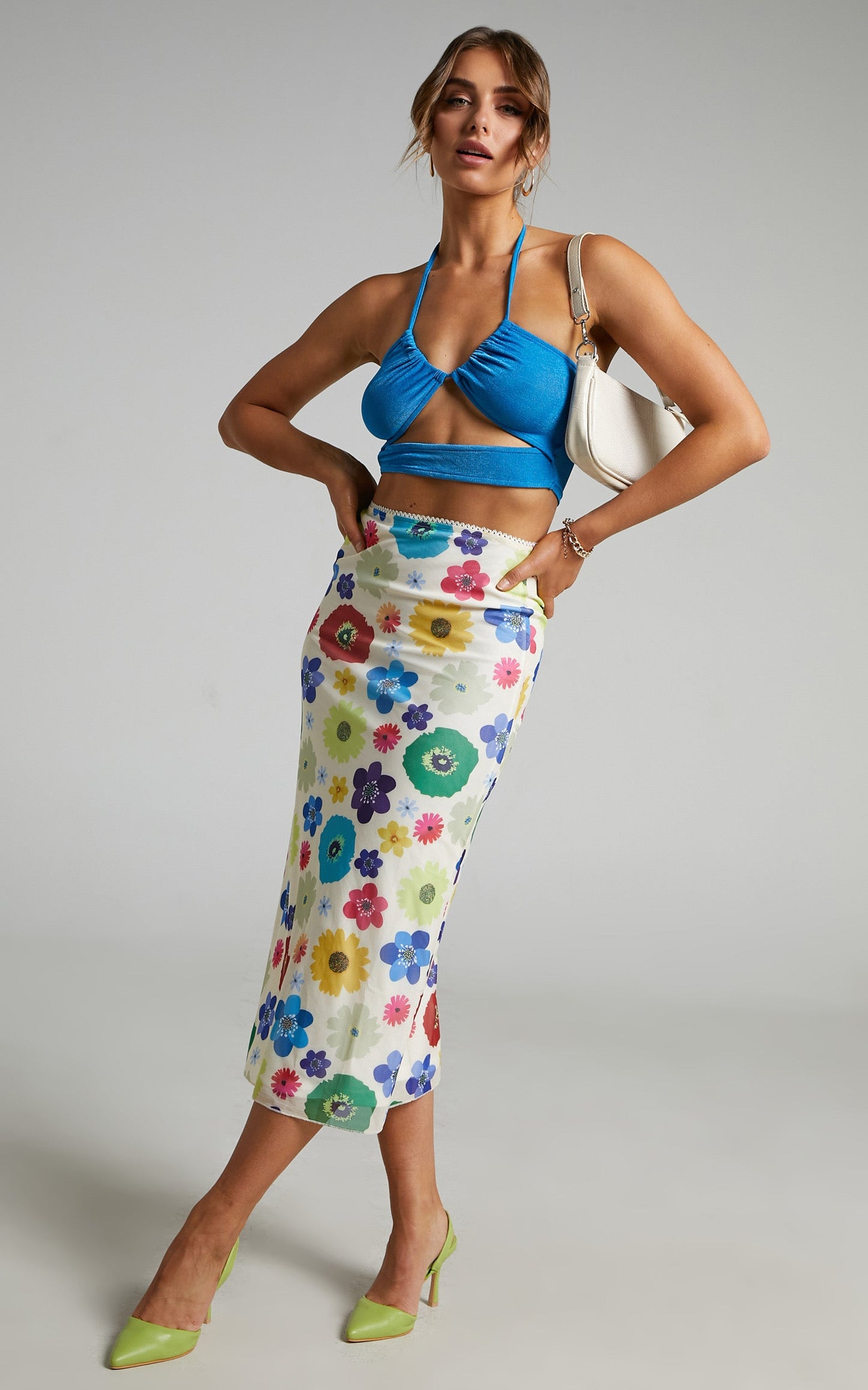 Silvi Mesh Midi Skirt in White Floral