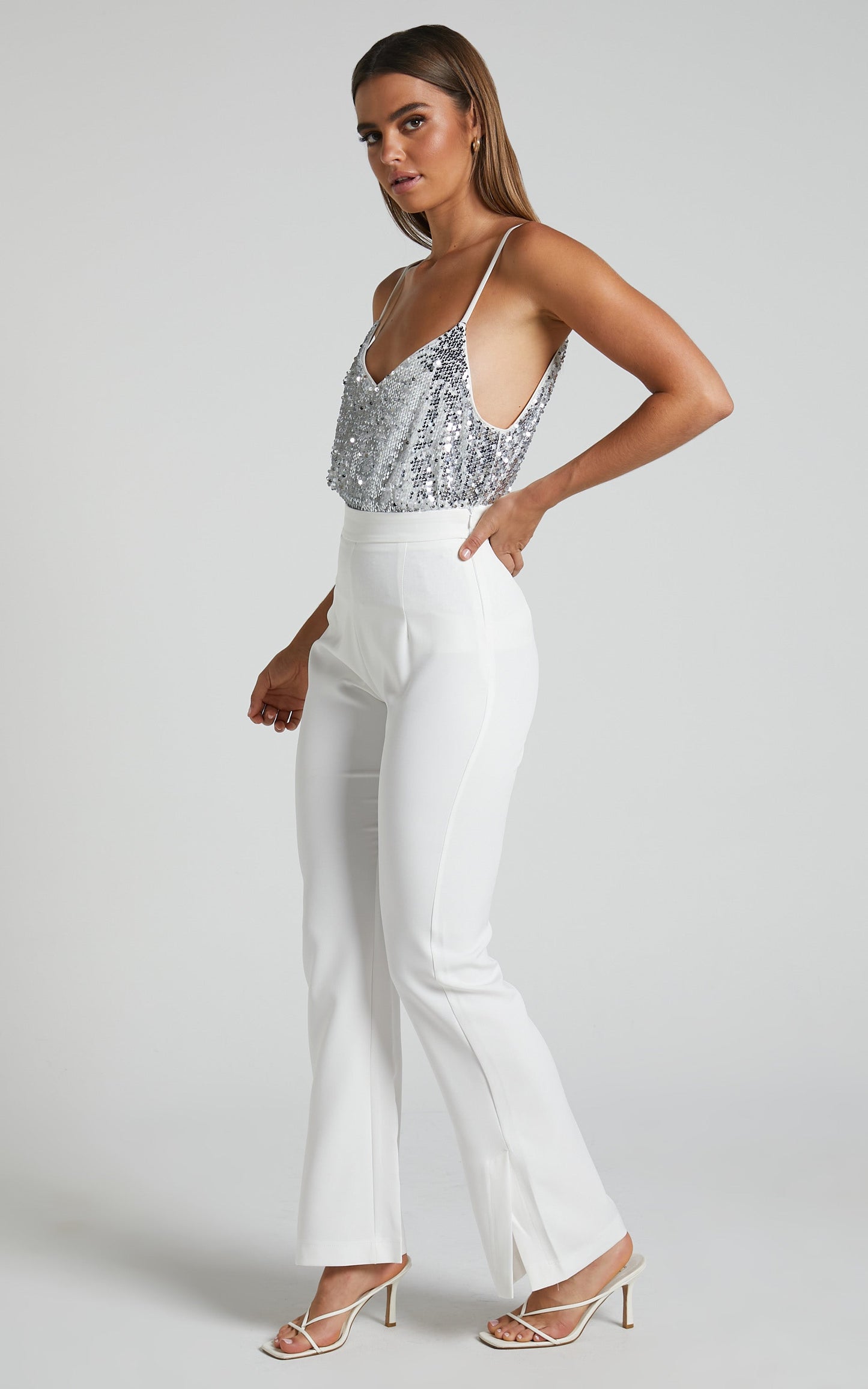Silvia Pants - High Waisted Split Hem Tailored Pants in White