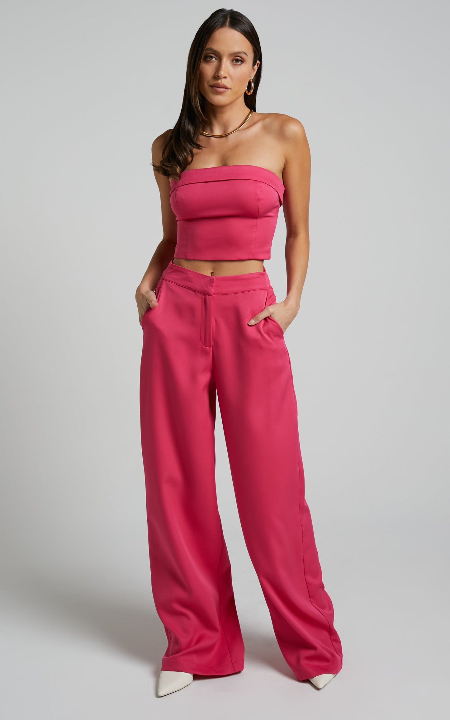 Silvia Two Piece Set - Foldover Top and Wide Leg Pant in Hot Pink