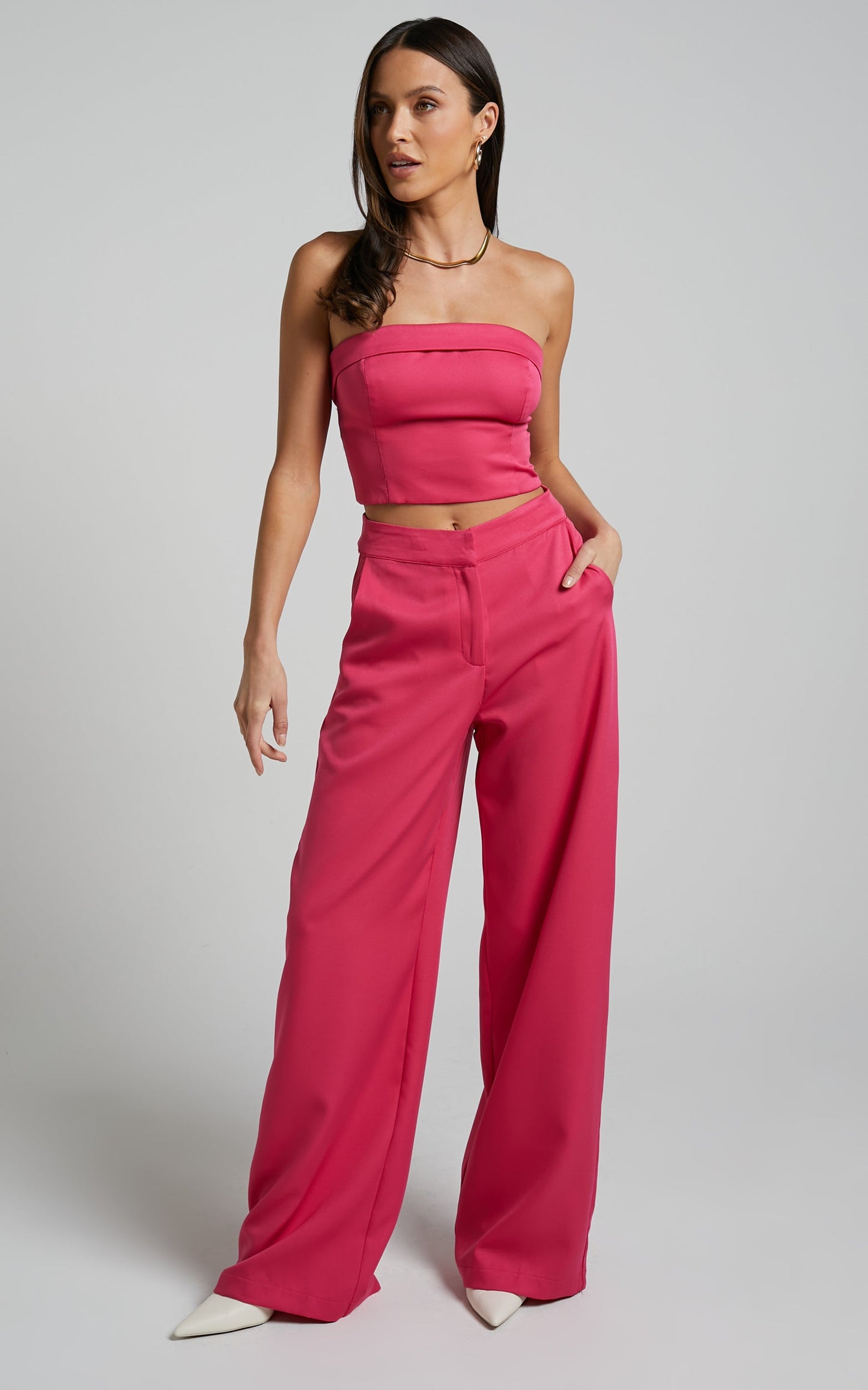 Silvia Two Piece Set - Foldover Top and Wide Leg Pant in Hot Pink