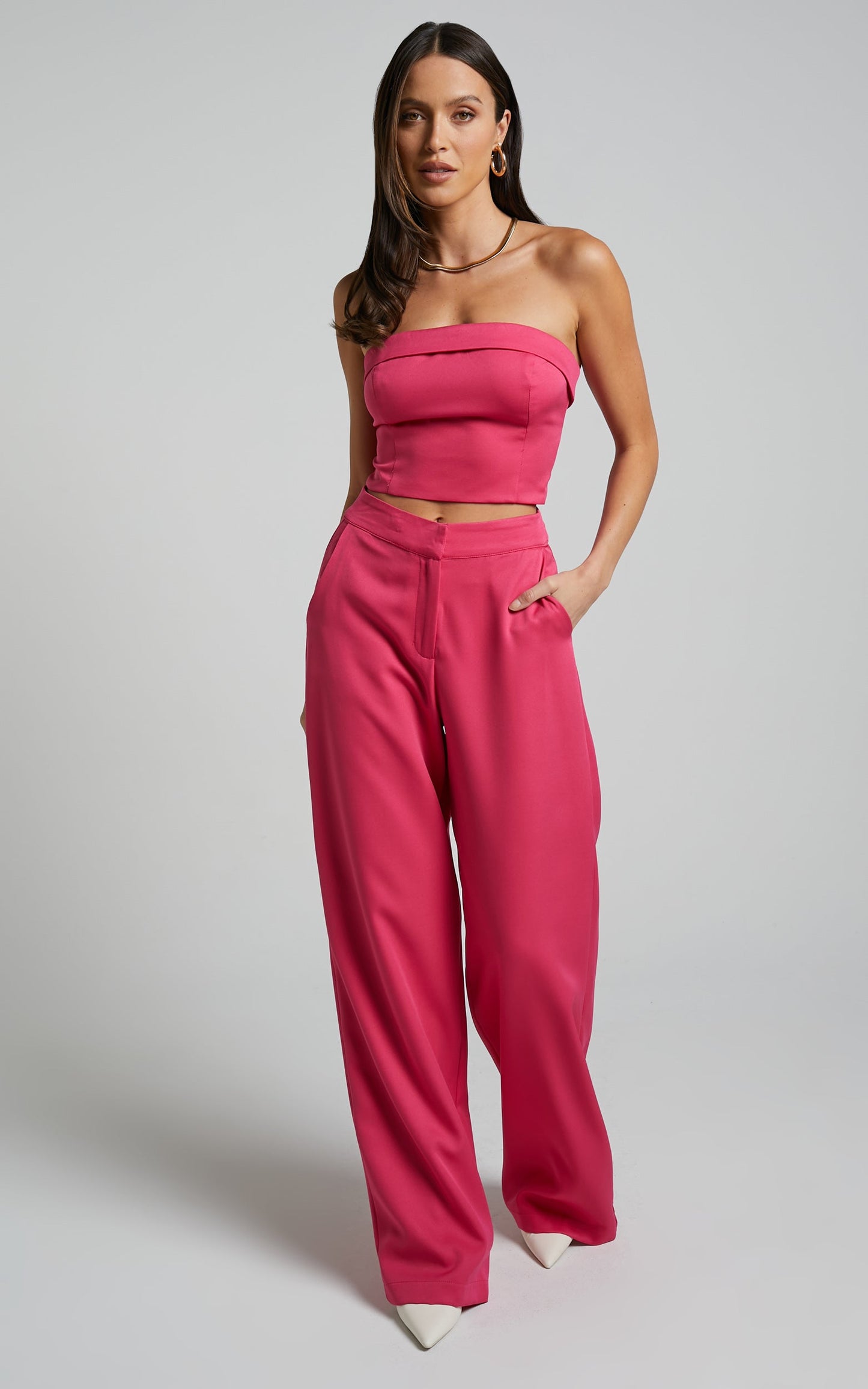 Silvia Two Piece Set - Foldover Top and Wide Leg Pant in Hot Pink