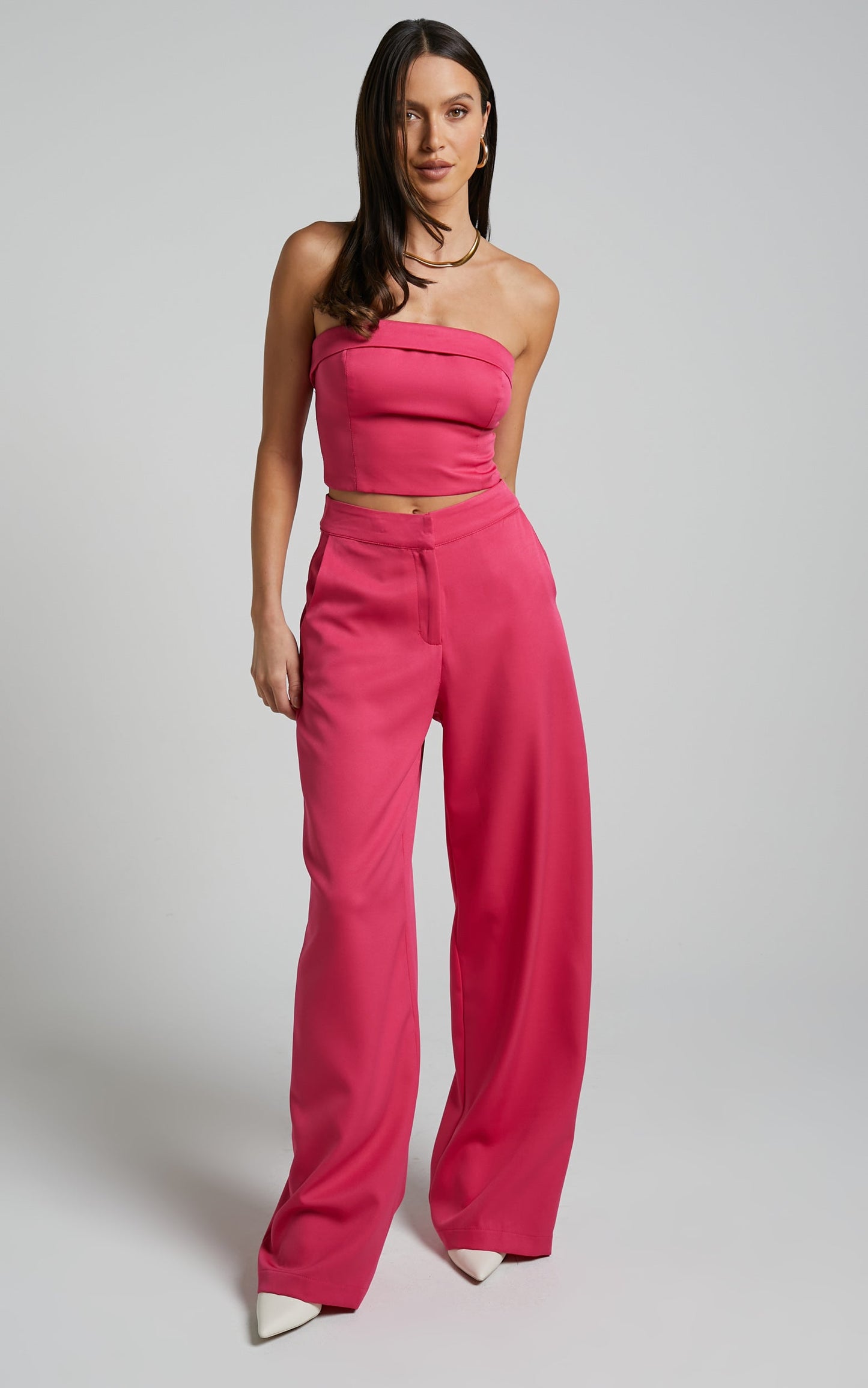 Silvia Two Piece Set - Foldover Top and Wide Leg Pant in Hot Pink