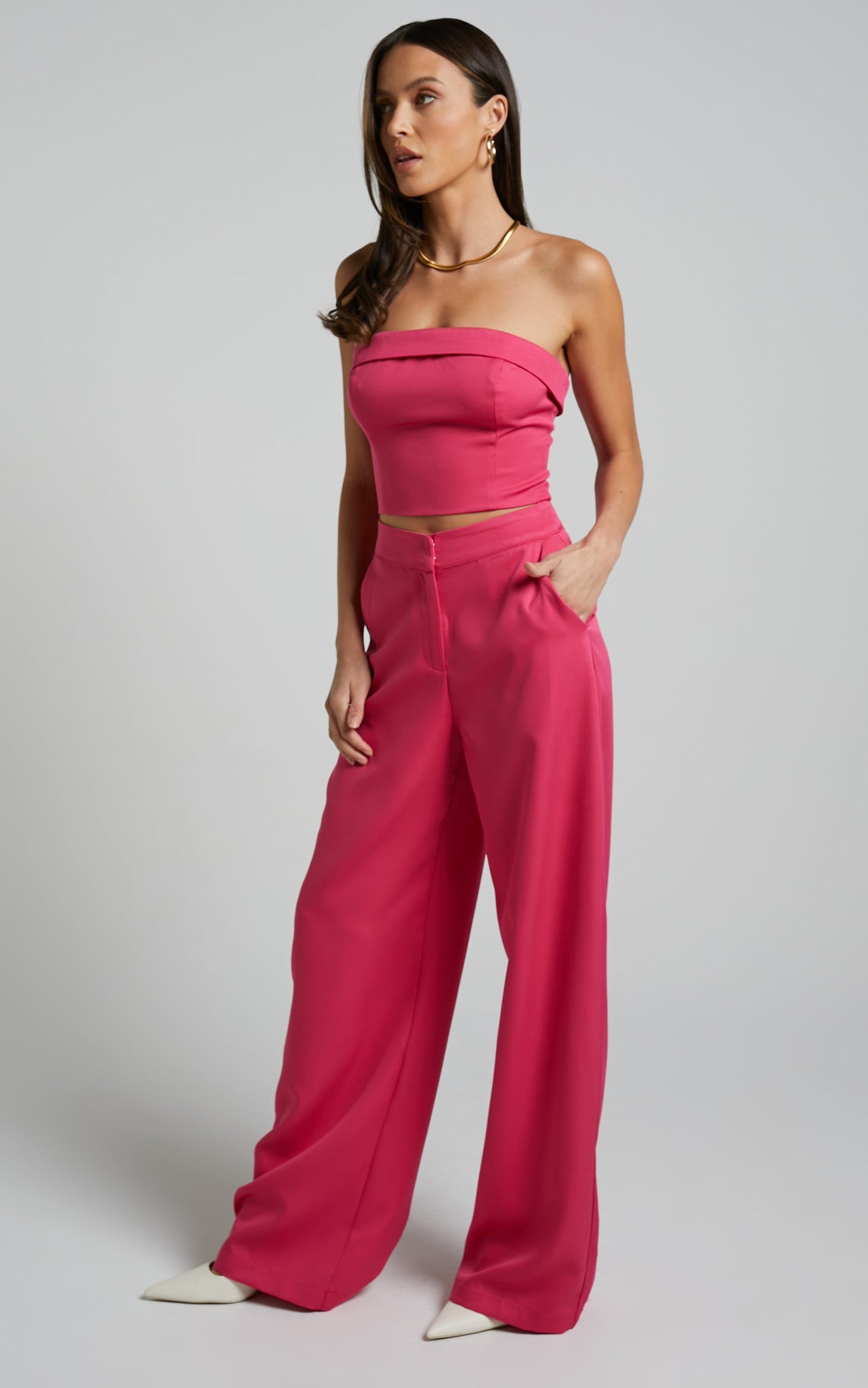 Silvia Two Piece Set - Foldover Top and Wide Leg Pant in Hot Pink