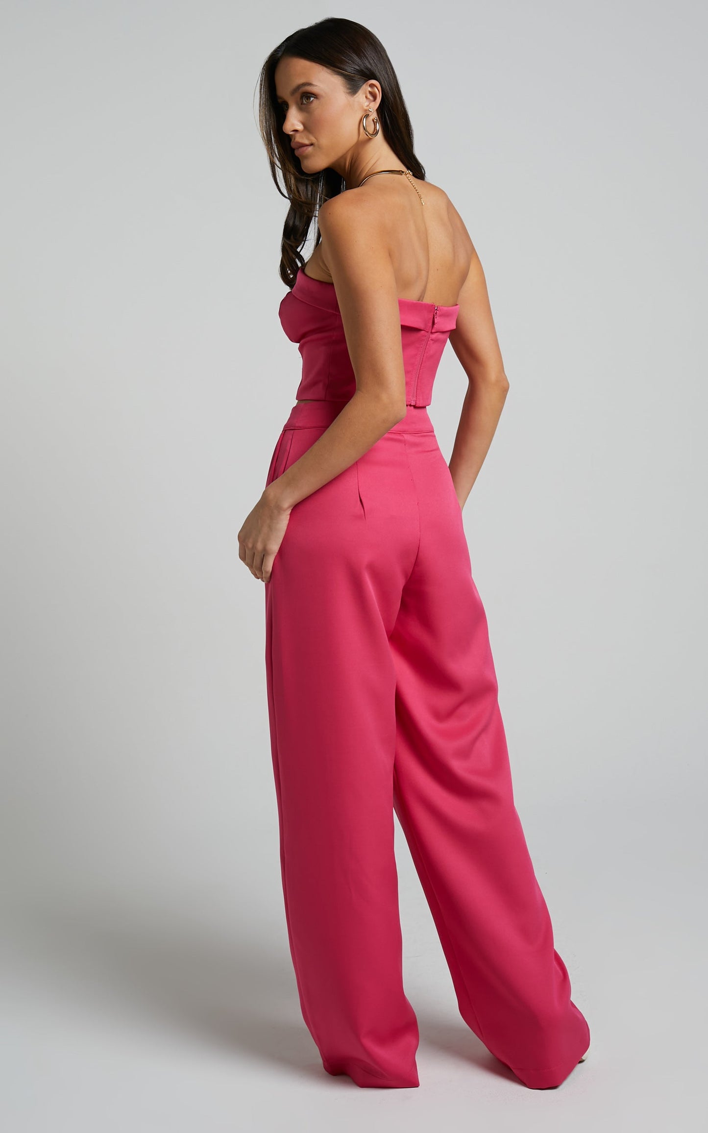 Silvia Two Piece Set - Foldover Top and Wide Leg Pant in Hot Pink