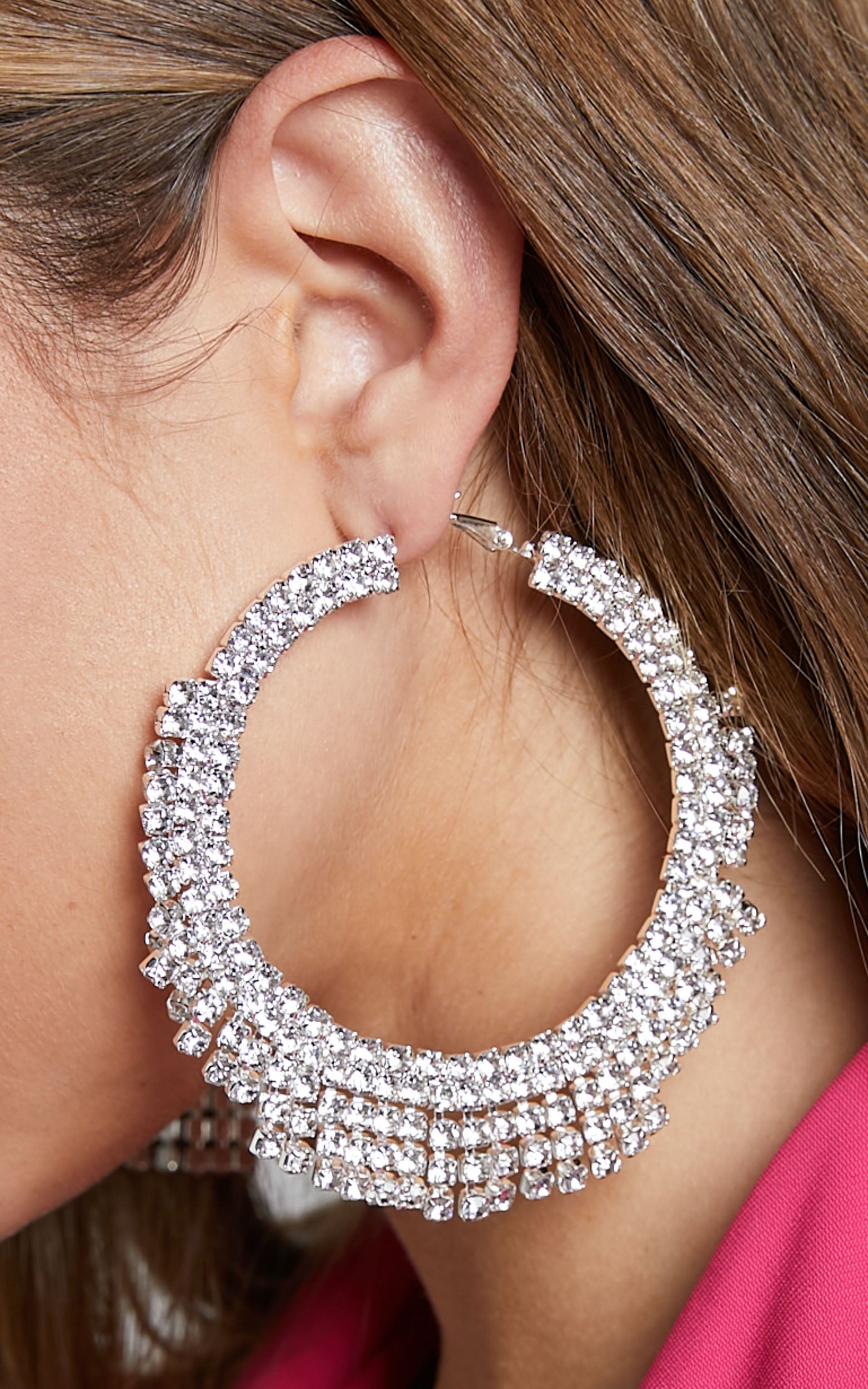 Sima Earrings - Diamante Oversized Hoop Earrings in Silver Diamante