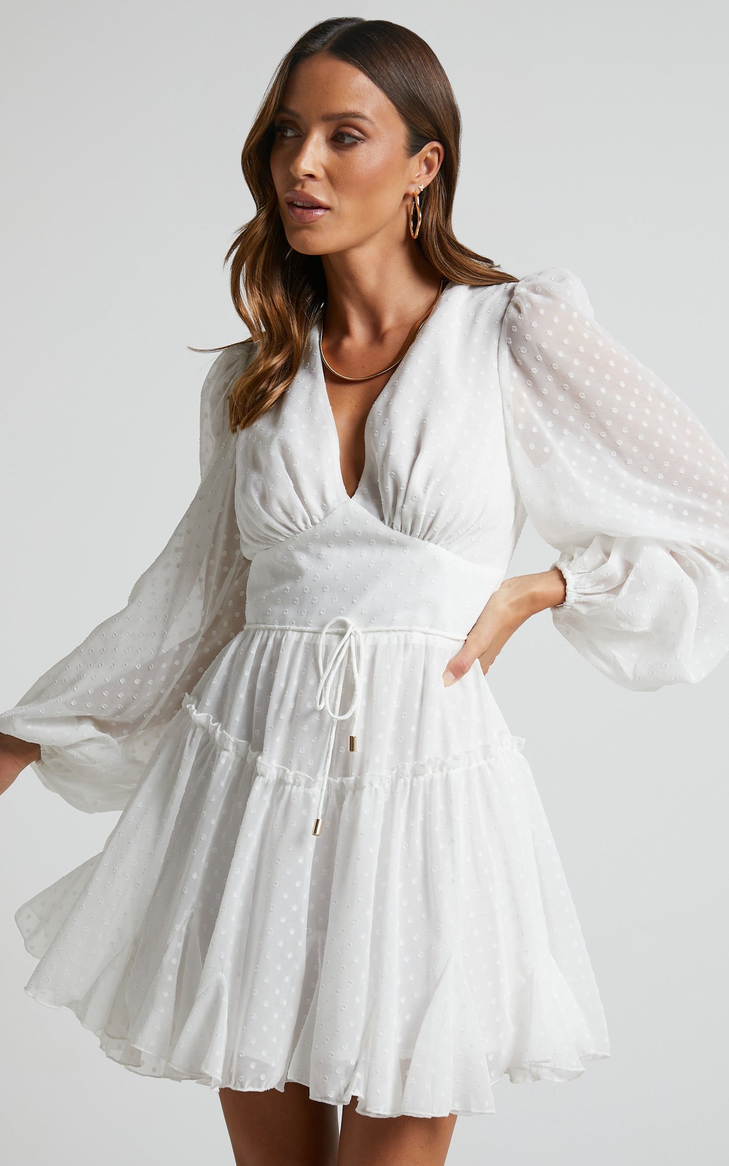 Simmonette Mini Dress - Plunge Neck Flare Dress in Ivory